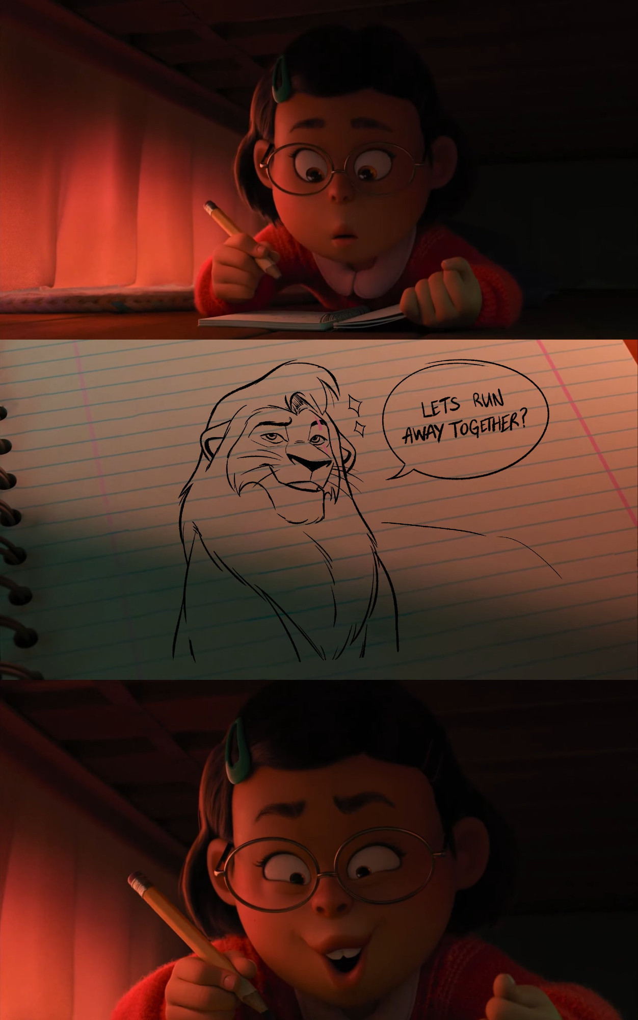 A vertical 3 panel meme. Mei Lee from Turning Red holding a pencil while looking in her notebook. A drawing of Kovu from Lion King 2 with a dashing yet flirty expression saying "Let's run away together." / Mei reacts with a goofy expression