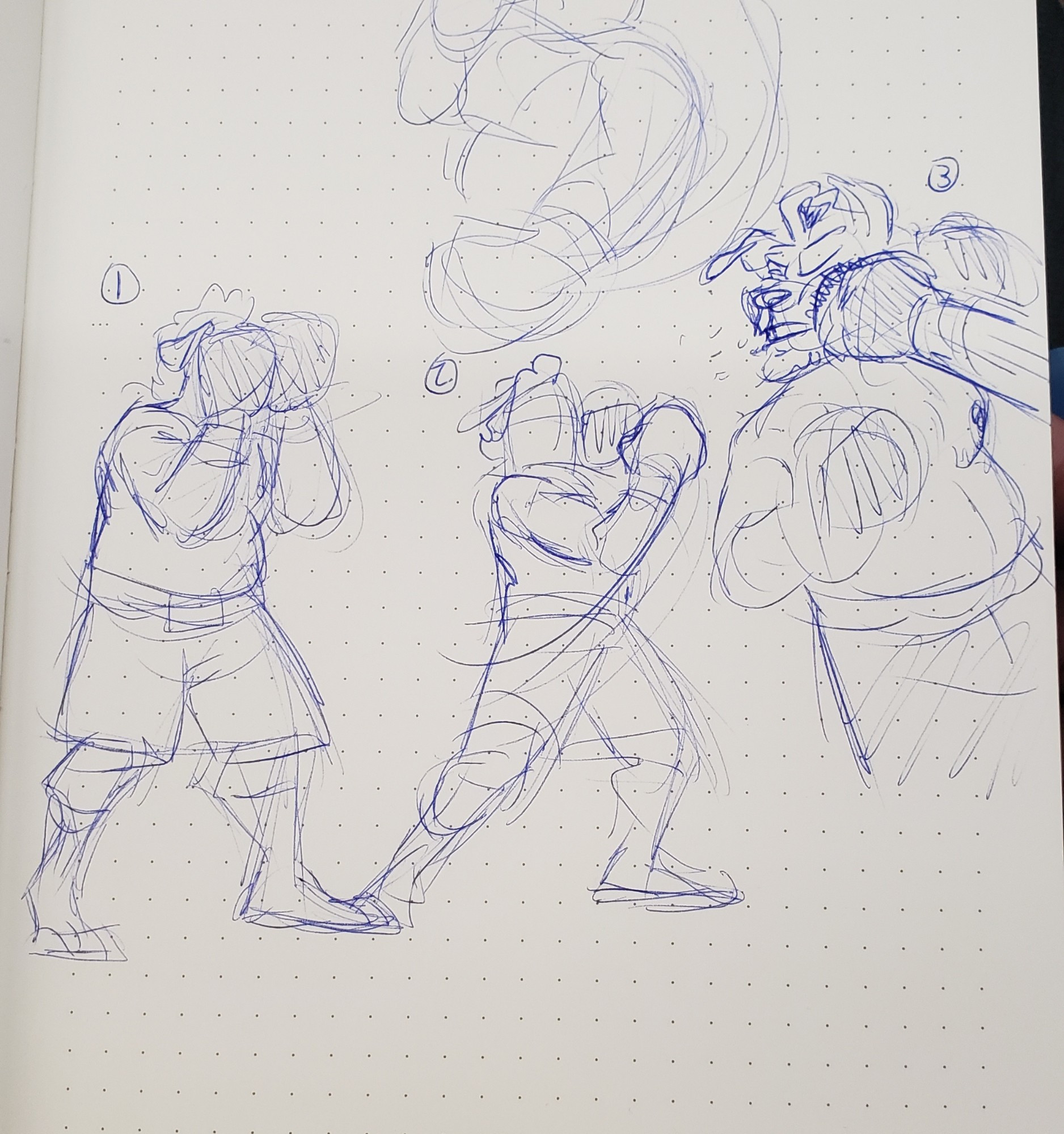 A blue pen sketch page of Angelo (a trans male anthro dog with a curly hair head tuft and floppy ears) wearing boxing gear.

Left to right poses show, Angelo in a blocking stance, the next is him in the middle of throwing an uppercut punch, and the last is him getting punch solid in the face.

Signed, AngeloFalls