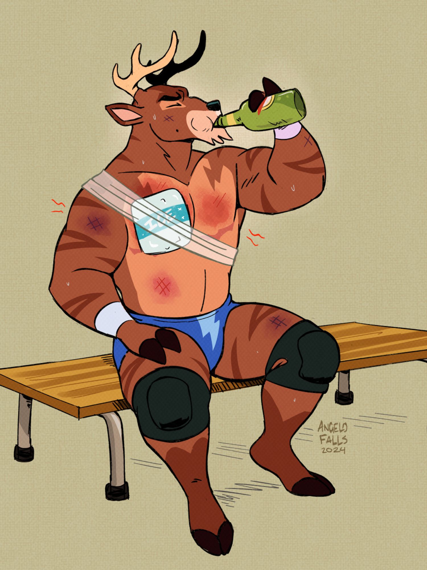 A drawing of a trans male anthro deer sitting on a bench drinking a bottle of beer, while he's all bruised up with an ice pack taped on his right pec.

Signed, AngeloFalls