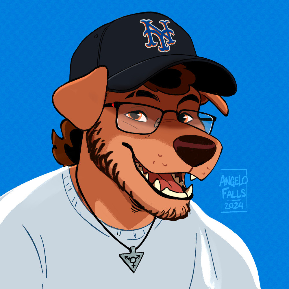 A headshot drawing of (Angelo) an anthro pitador dog with a curly hair head tuft, an eyebrow slit and square glasses wearing a white shirt, a trans symbol necklace and a New York Mets baseball cap. Open mouth smiling at the viewer.

Signed, AngeloFalls 2024