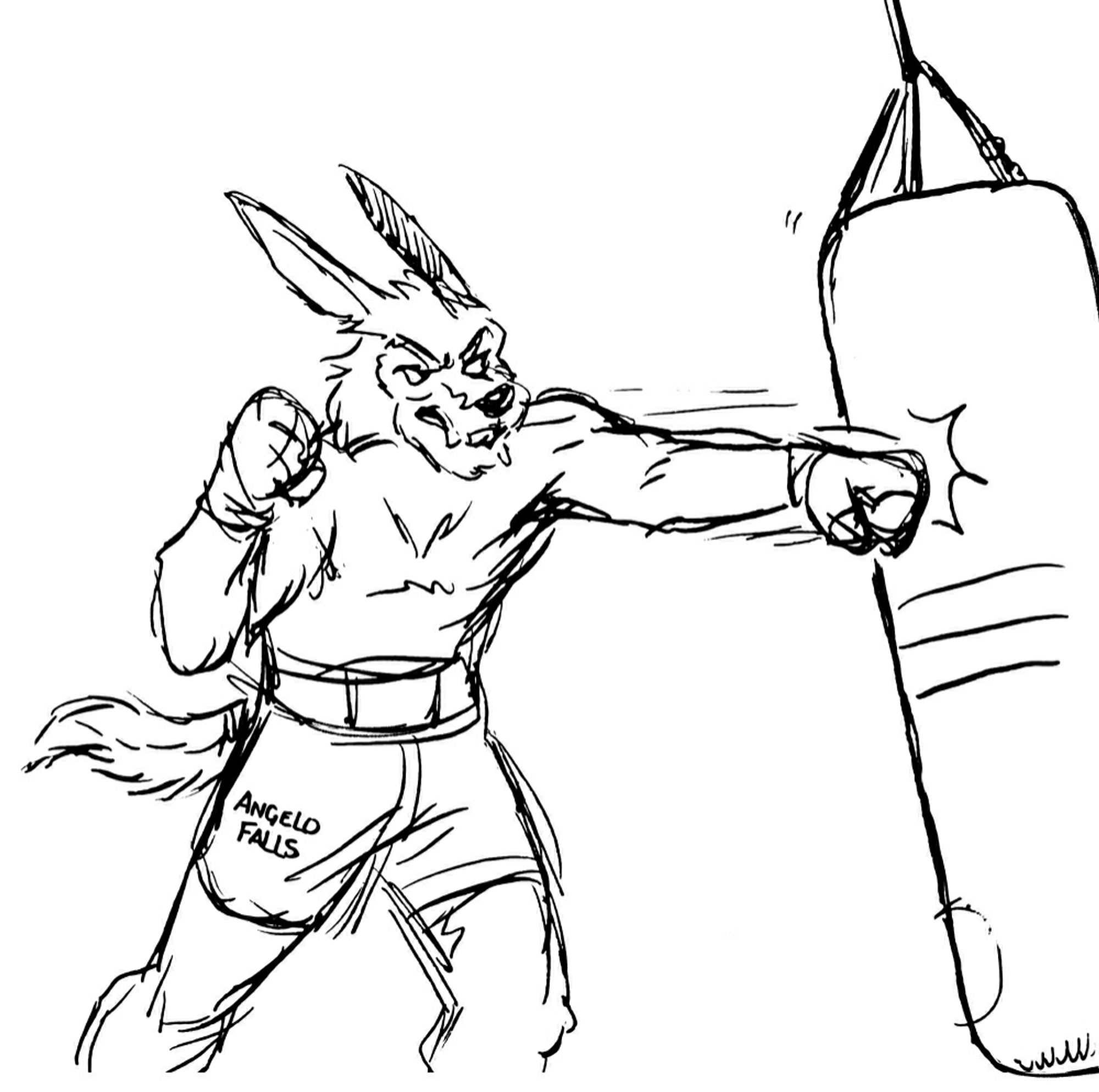 An anthro wolf-rabbit hybrid punching a heavy punching bag