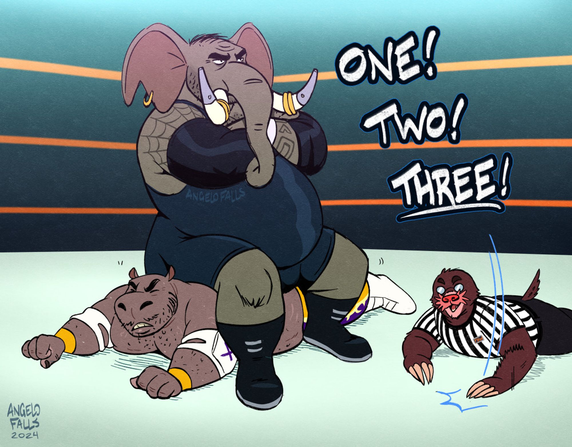 A drawing of Tungsten Tusks (a heavy set male anthro Elephant) sitting on top of Sergio Ramirez (a male anthro Hippo) while the referee (a star nose mole) is on the floor of the ring starting the pinfall count. "One! Two! Three!" in big bold letters

Signed, AngeloFalls