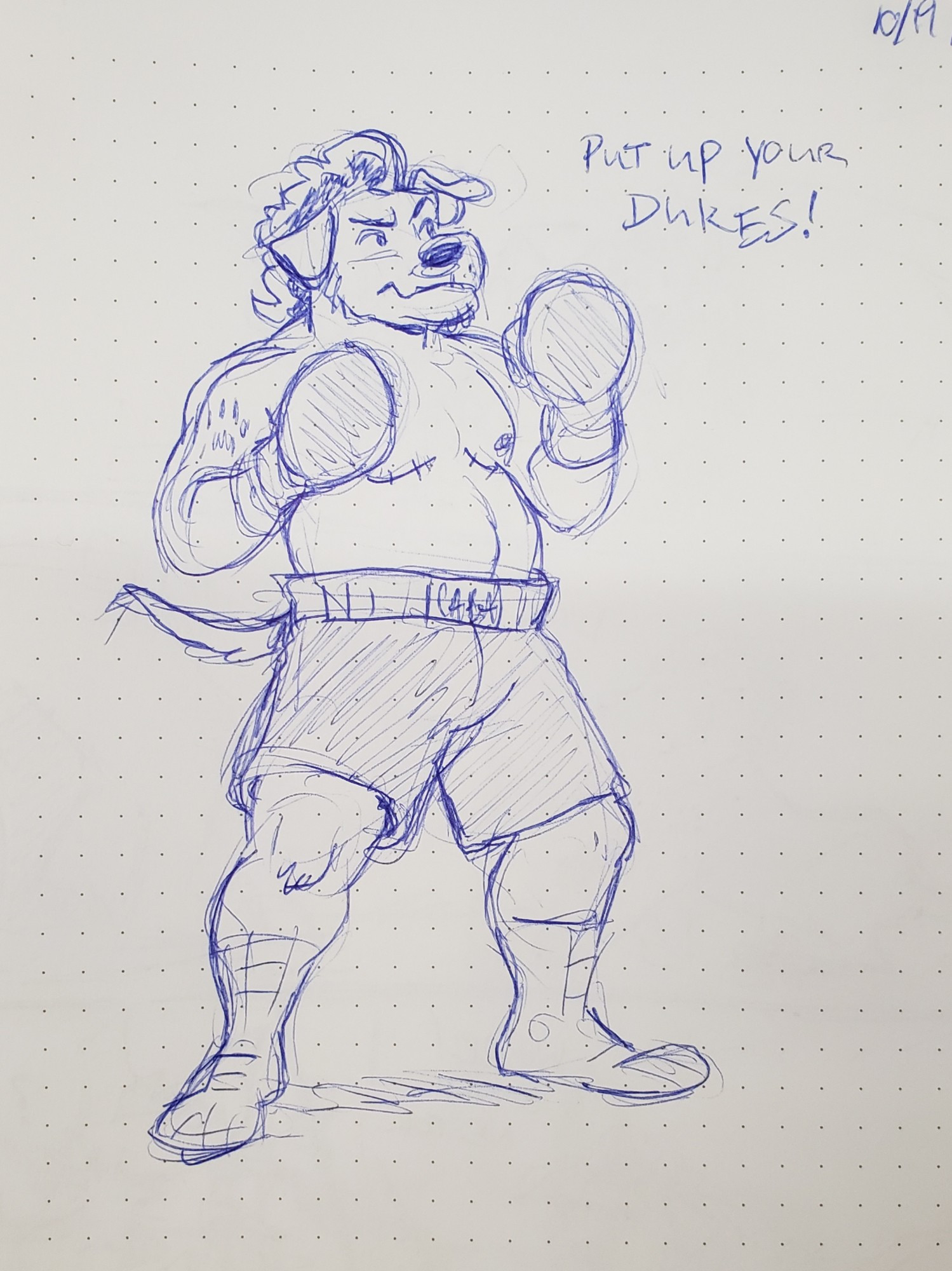 A blue pen sketch of Angelo (a trans male anthro dog with a curly hair head tuft and floppy ears) in a ready fighting stance wearing boxing gear. 

Dialogue: "Put up your dukes!"

Signed, AngeloFalls