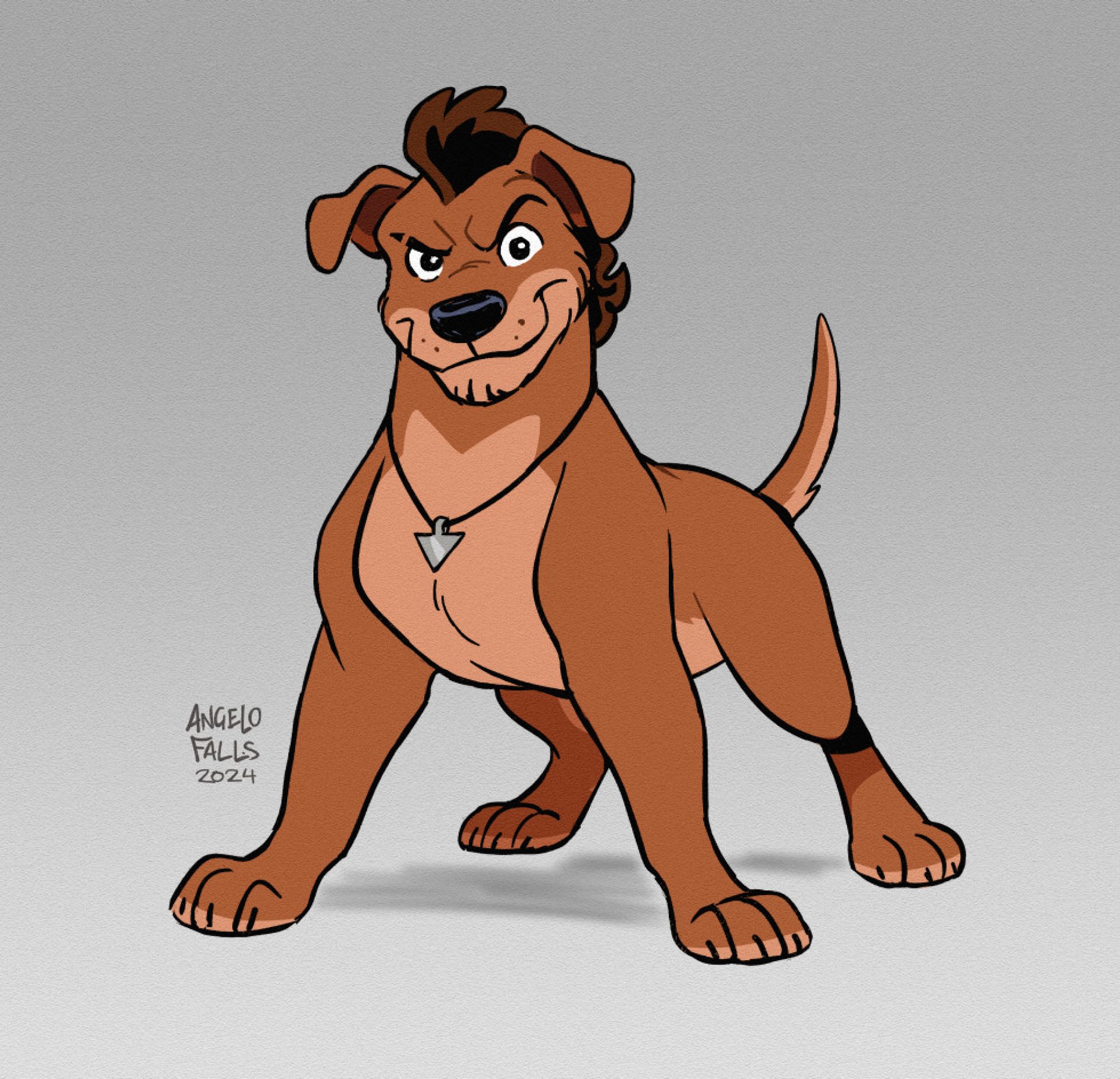 A drawing of Angelo (as a feral dog with a curly hair tuft and necklace) standing tall on all fours with his front legs in a wide stance and chest puffing outwards. His head leaning backwards and slightly tilted, with a facial expression of smiling with one eyebrow going downwards and the other going upwards.

Signed, AngeloFalls 2024