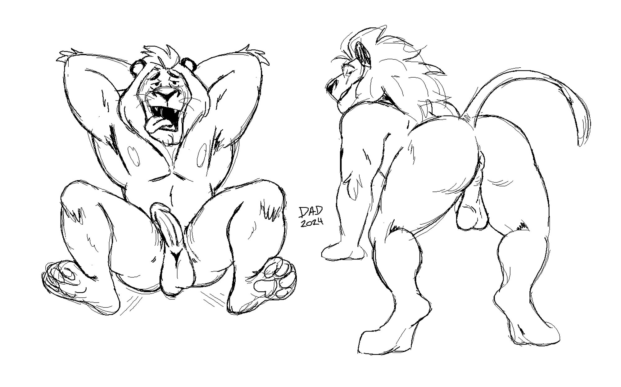 A drawing of a naked male anthro lion in two poses. One front view with his arms raised behind his head, tongue out, legs spread apart letting his ballsack hang low. The other pose is a behind view where he's bending down, looking back at the view with bedroom eyes exposing his asshole and low hanging ballsack.

Signed, DickArmDaryl