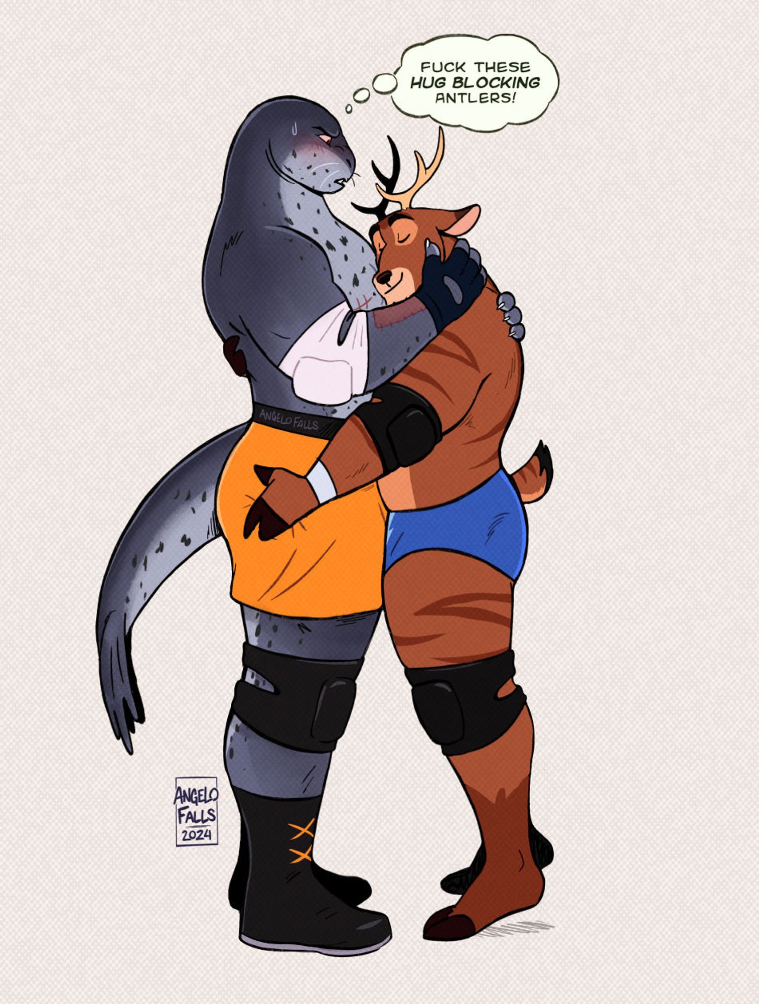 A drawing of an anthro leopard seal (Ray) being hugged by an anthro deer (Tyrus) who also has his hand on Ray's butt cheek while tiptoeing a bit.

Ray's head is backed away while looking at Tyrus's antlers, thinking: Fuck these hug blocking antlers!"