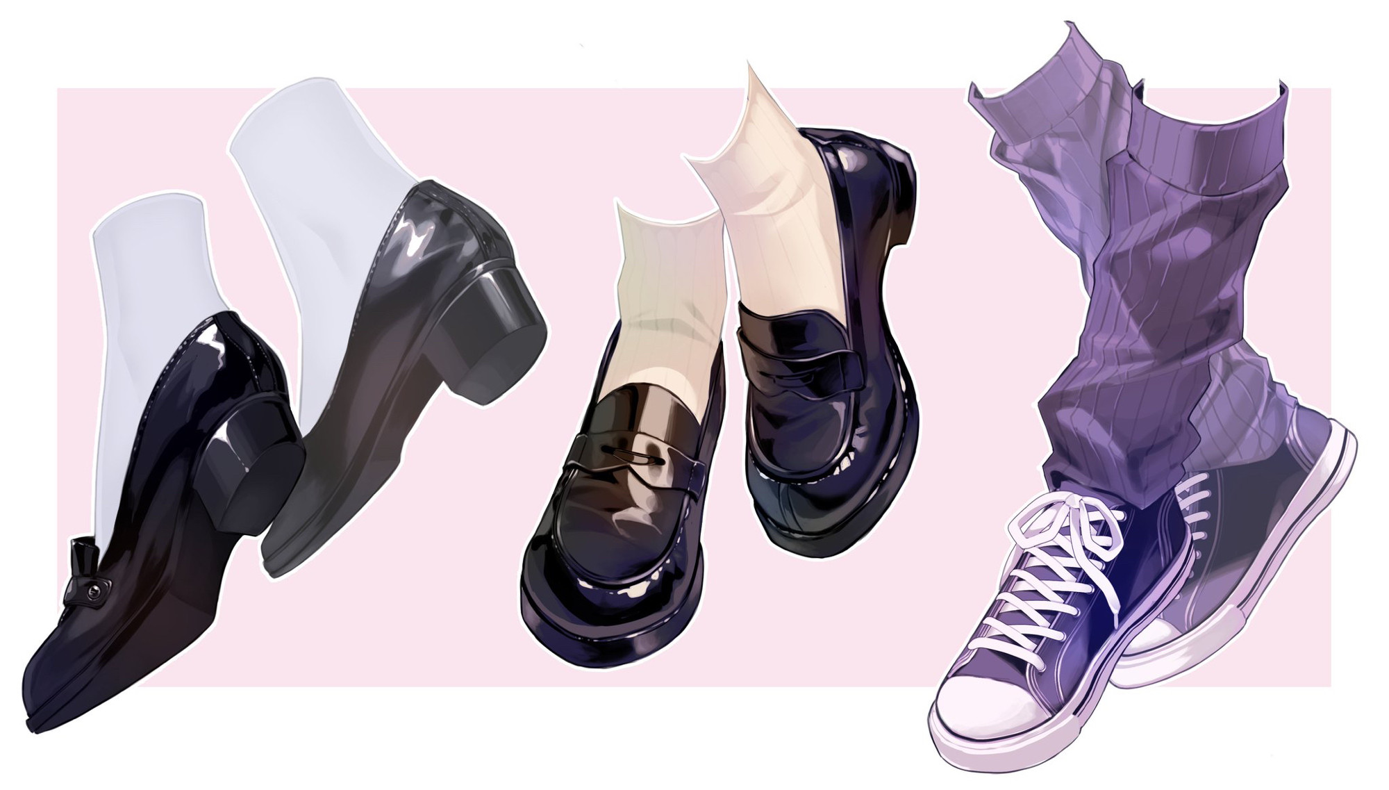 A digital illustration of 3 sets of shoes stylized in varies renders; a pair of church heels, school shoes, and converse