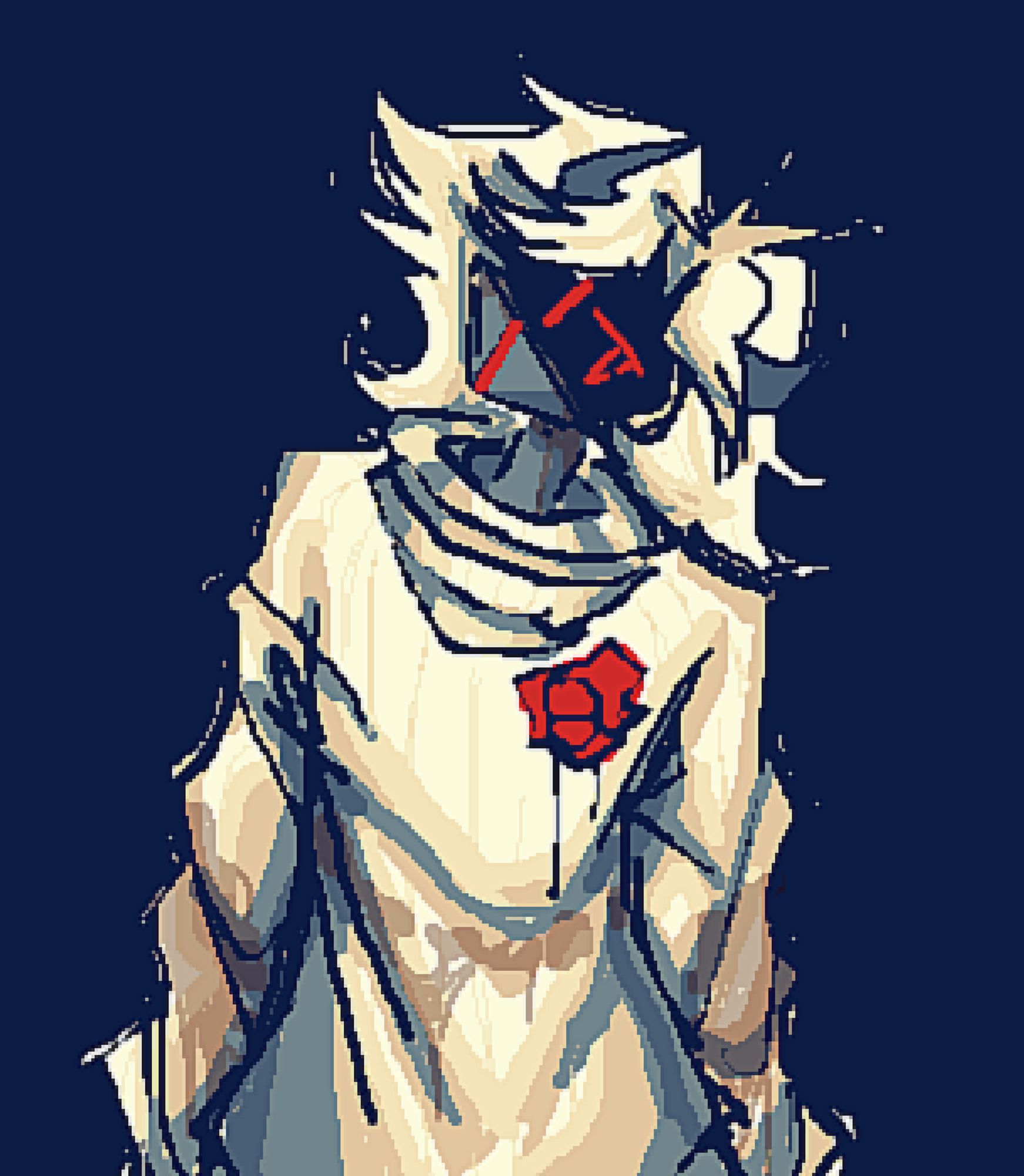 a robotic character with white hair stands in front of a blue background. he has small horns, a black visor, and no visible mouth. he has red, simplistic eyes. he is wearing a white sweater with a rose pinned to the front. the drawing is messily done, with blotches of colour outside of the lines.