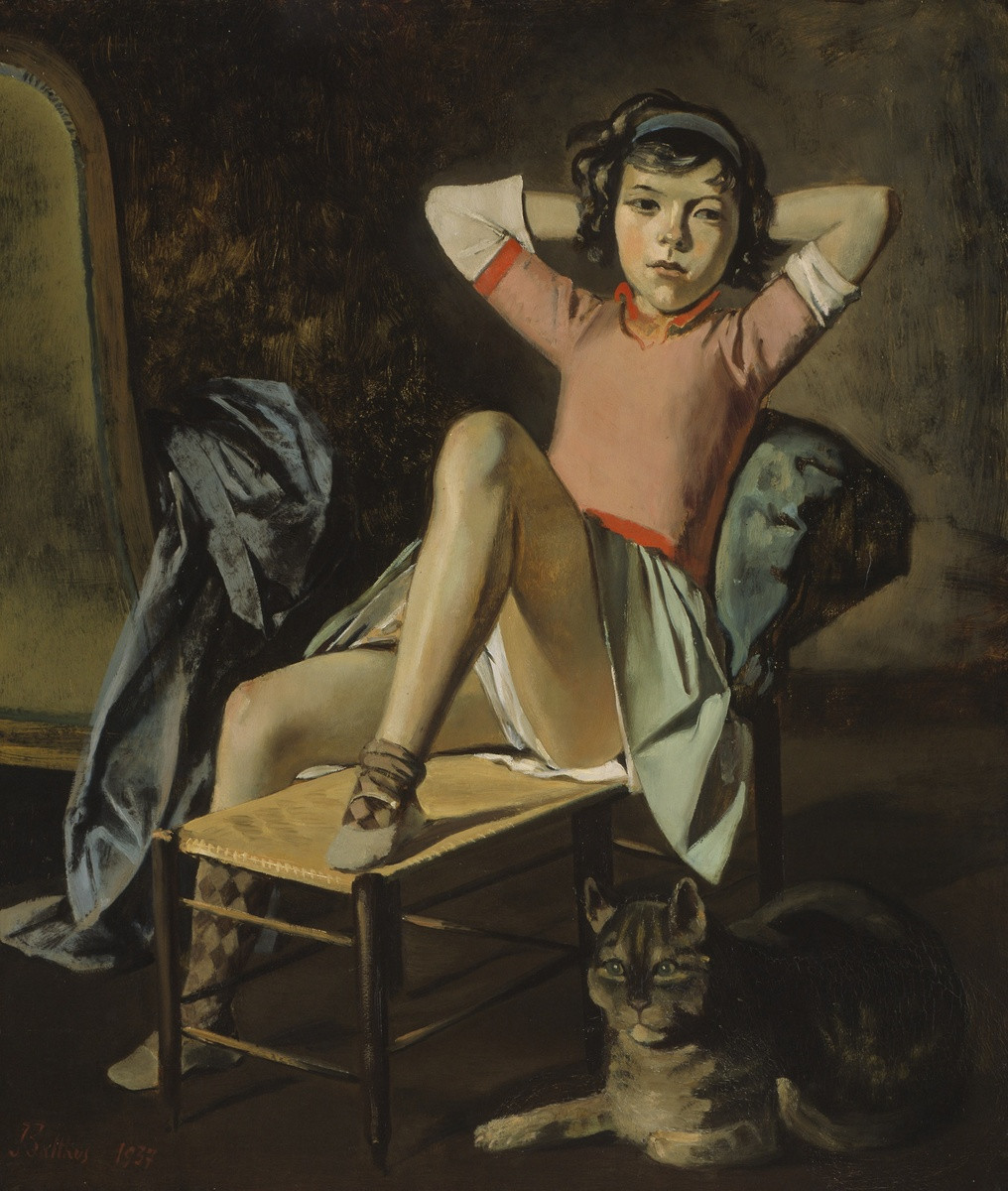 Balthus's legendary secretiveness has inhibited critical commentary on his paintings. His son Stanislas appears at times to have been his spokesman, arguing that the girls in his father's paintings are "emblematic archetypes... their very youth the symbol of an ageless body of glory, as adolescence (from the Latin adolescere: to grow toward) aptly symbolizes that heavenward state of growth which Plato refers to in the Timaeus" (Klossowski de Rola 1983, p. 10). He also suggested, a little more plausibly, that the paintings emphasize the act of seeing, though unfortunately he used this as an excuse to propose that an ideal state can be achieved from their contemplation "wherein the act of seeing, the seen and the seer become one" (Klossowki de Rola 1983, p. 8). All the evidence of these senses appealed to in such paintings— nostalgia, lubricity, frustration— work against such a reading.
Most literature on this painting considers alternative identifications of the cat, with either Balthus's model, Therese Blanchard, the daughter of a neighbor, or with the artist himself. The latter interpretation is supported by Balthus's long-standing fascination with cats. In 1920, at the age of thirteen, he published a series of prints narrating the story of a cat called Mitsou; even more directly relevant to the artist's personal identification with this animal is his 1935 self-portrait entitled  H.M. the King of Cats (New York 1984, no. 9, ill.). In addition in the work of writers in Balthus's circle, there is considerable support for the association of the cat with sexuality. Georges Bataille's erotic novel  Histoire de l'oeil (Paris, 1928), for instance, has a chapter entitled "L'Oeil de chat" (The Cat's eye) in which a sixteen-year-old boy and girl engage in sexual play with a cat's saucer of milk. However, an exclusive emphasis on these readings overstresses the biographical in Balthus's work and overlooks the degree to which he refers to and plays upon traditions of representing sexuality in Western painting.
The genre of salacious images of women with which Balthus's Girl with Cat is aligned traditionally include a small animal: cat or lap dog. The most famous examples perhaps are  Jean Antoine Watteau's Lady at Her Toilette of 1716/17 (London, Wallace Collection) and Edouard Manet's Olympia of 1865 (Paris, Musee d' Orsay), but any number of thinly veiled Venuses or clothed beauties in eighteenth- and nineteenth-century painting carry, fondle, or are watched by a pet. Typical commentaries of the time would remark on how fortunate the pet was to enjoy such privileged proximity to the desired object. Unspoken, but often visually very obvious parallels were also made between the creature and the female body. Traditionally the animal thus has a double identity, related to both the artist/ voyeur and the female sex.
The setting of Girl with Cat has many of the traditional trappings of the painter's studio. Therese lies on a daybed that figures in several other paintings by Balthus; on the left, the back of an upholstered chair is barely recognizable because of the rococo swatch of blue fabric bunched around one of its arms (similar chairs appear in Balthus's paintings The White Skirt of 1937 and Therese of 1938).
— Entry, Dawn Ades, Surrealist Art: The Lindy and Edwin Bergman Collection at the Art Institute of Chicago, 1997, p. 6-7.

Lindy and Edwin Bergman Collection