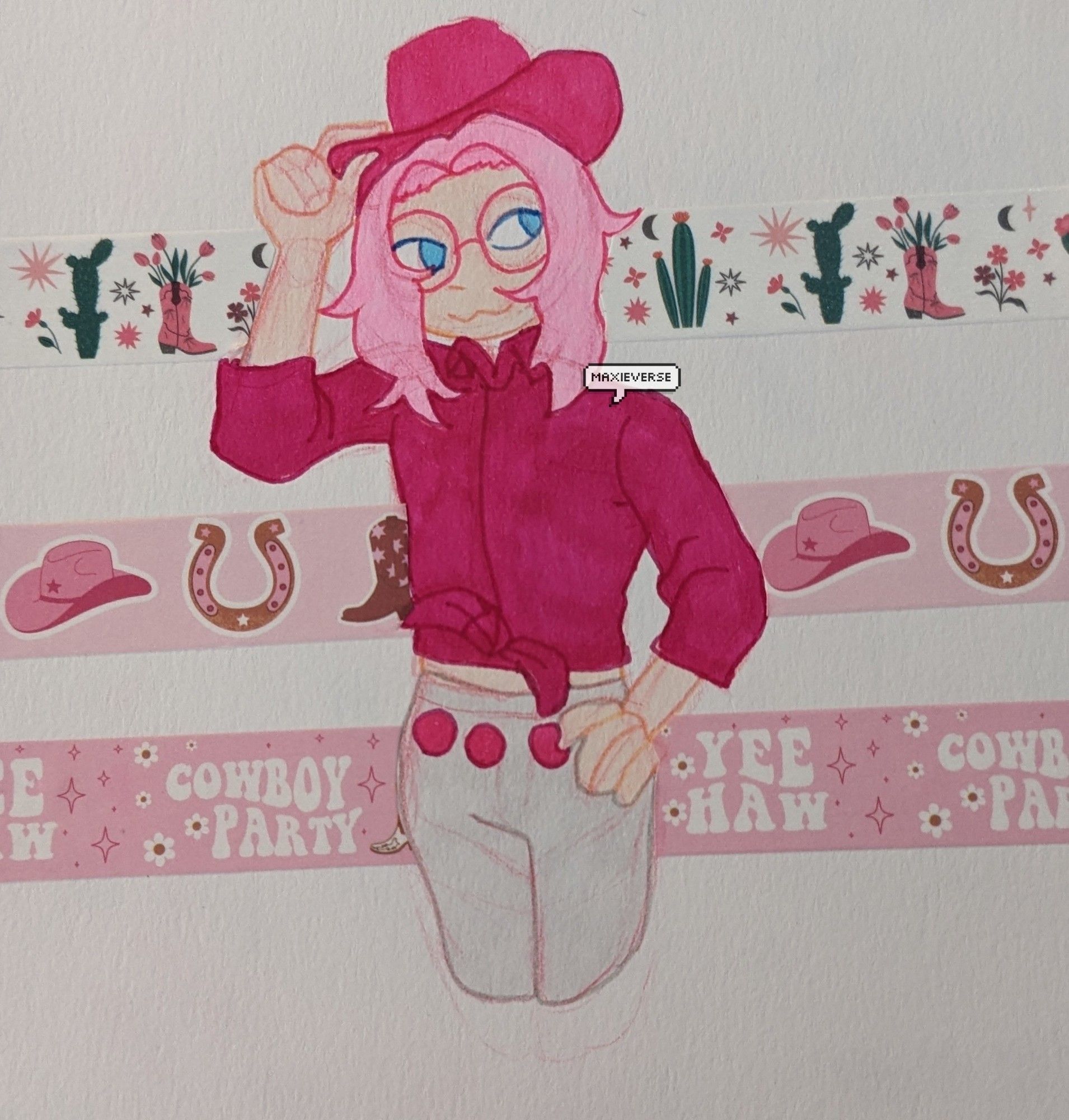 A traditional half body artwork of a character in a pink cow fella outfit. The artwork uses alcohol markers, fineliner pens and washi tape.