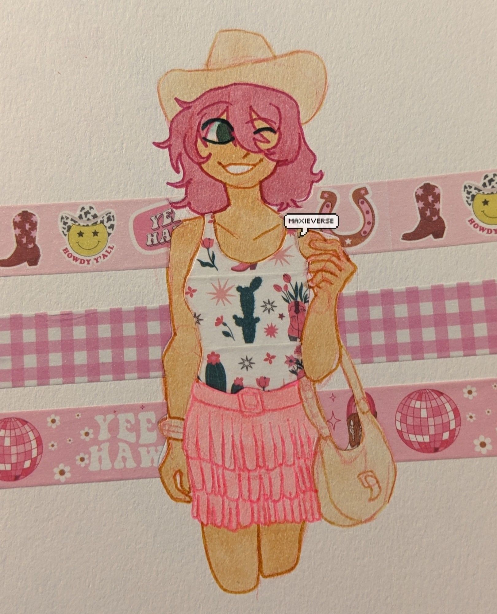 A traditional half body artwork of a girl wearing a pink and white cowgirl outfit. The artwork is drawn with alcohol markers, fineliner pens and washi tape.