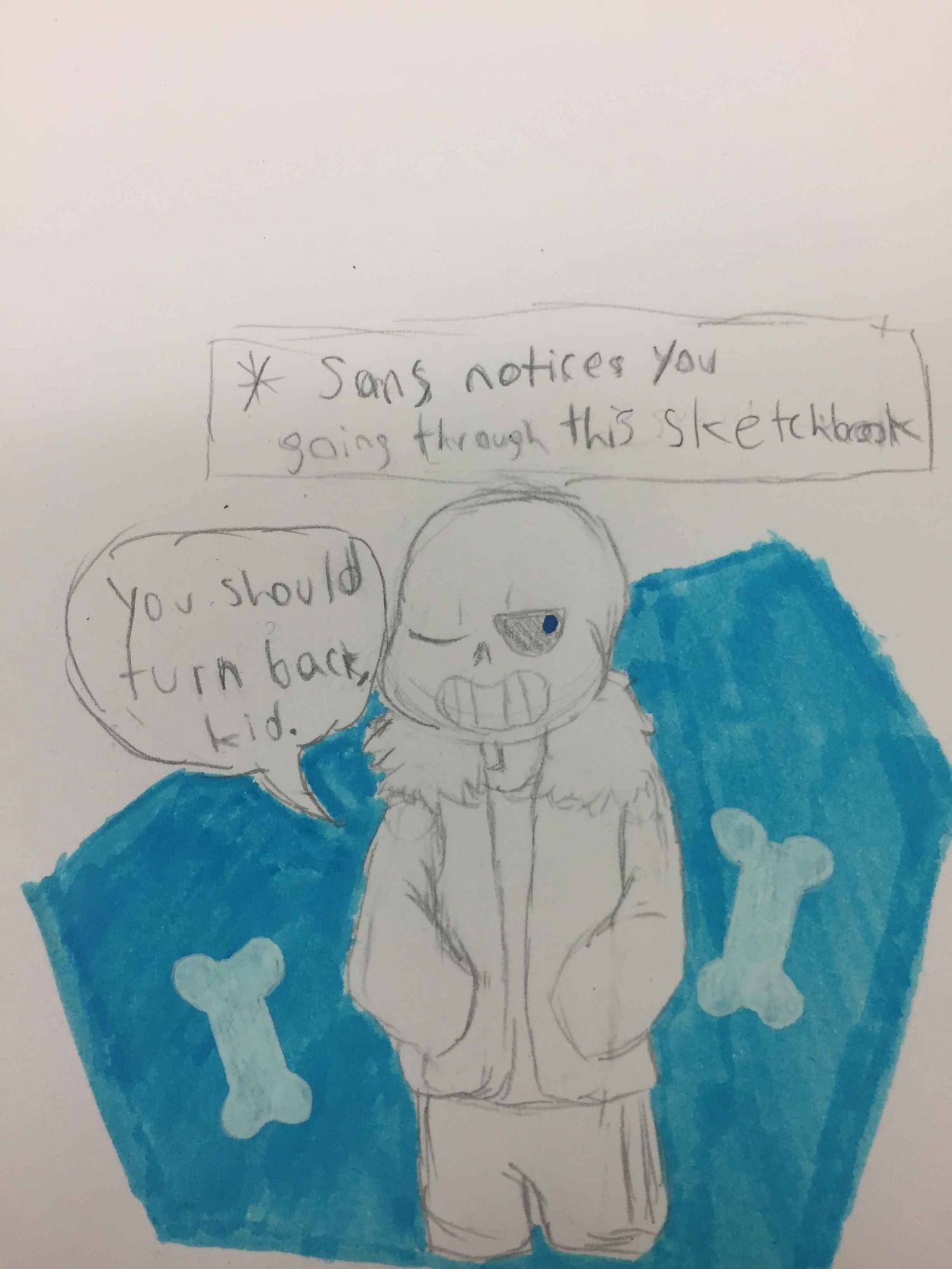 A pencil sketch of Sans from Undertale. Above him is written " * Sans notices you going through this sketchbook."
Sans says, "you should turn back, kid."