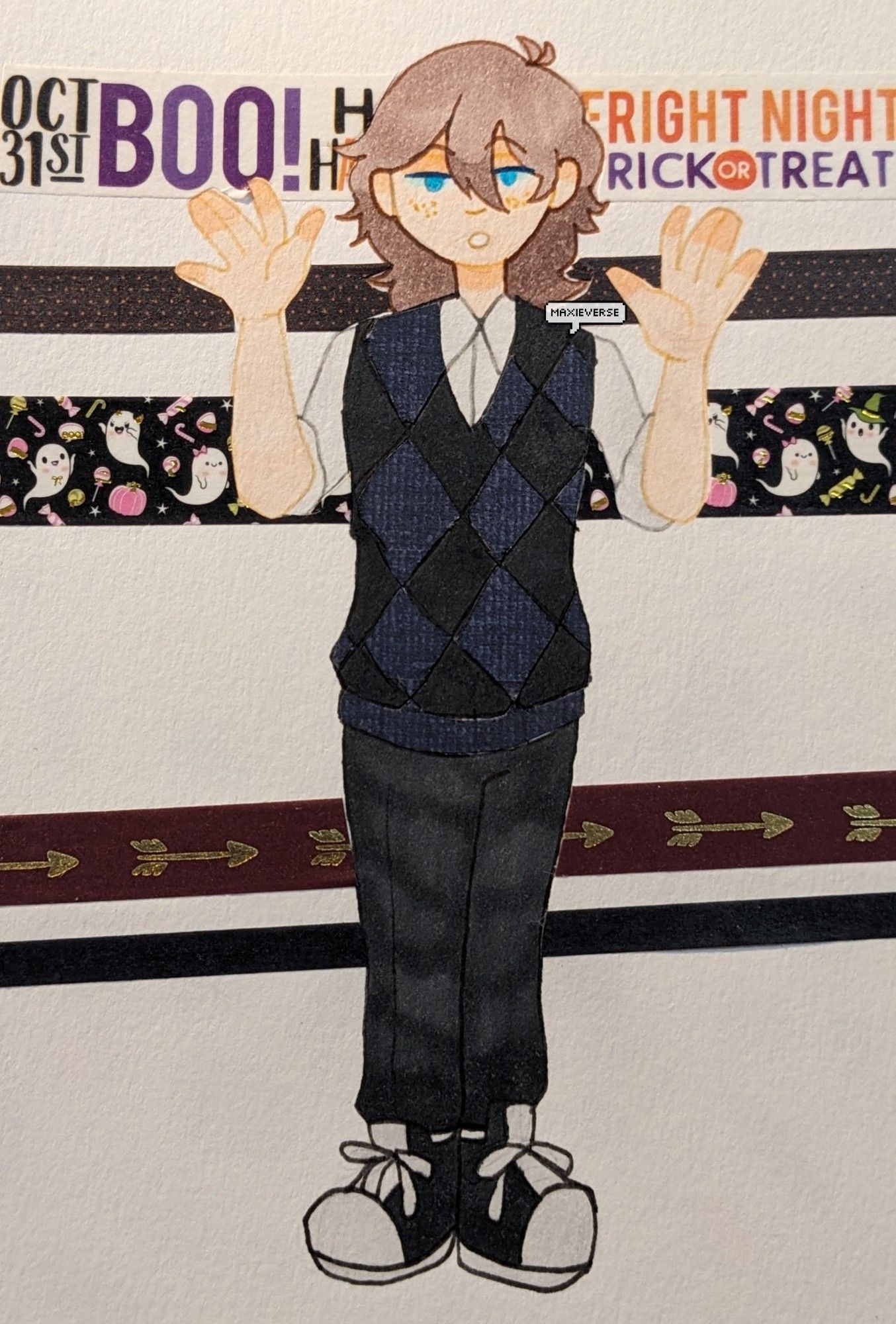 A traditional drawing of a boy with long, brown hair, standing with his hands up, saying "boo!" He wears a black argyle sweater, black dress pants and tennis shoes.