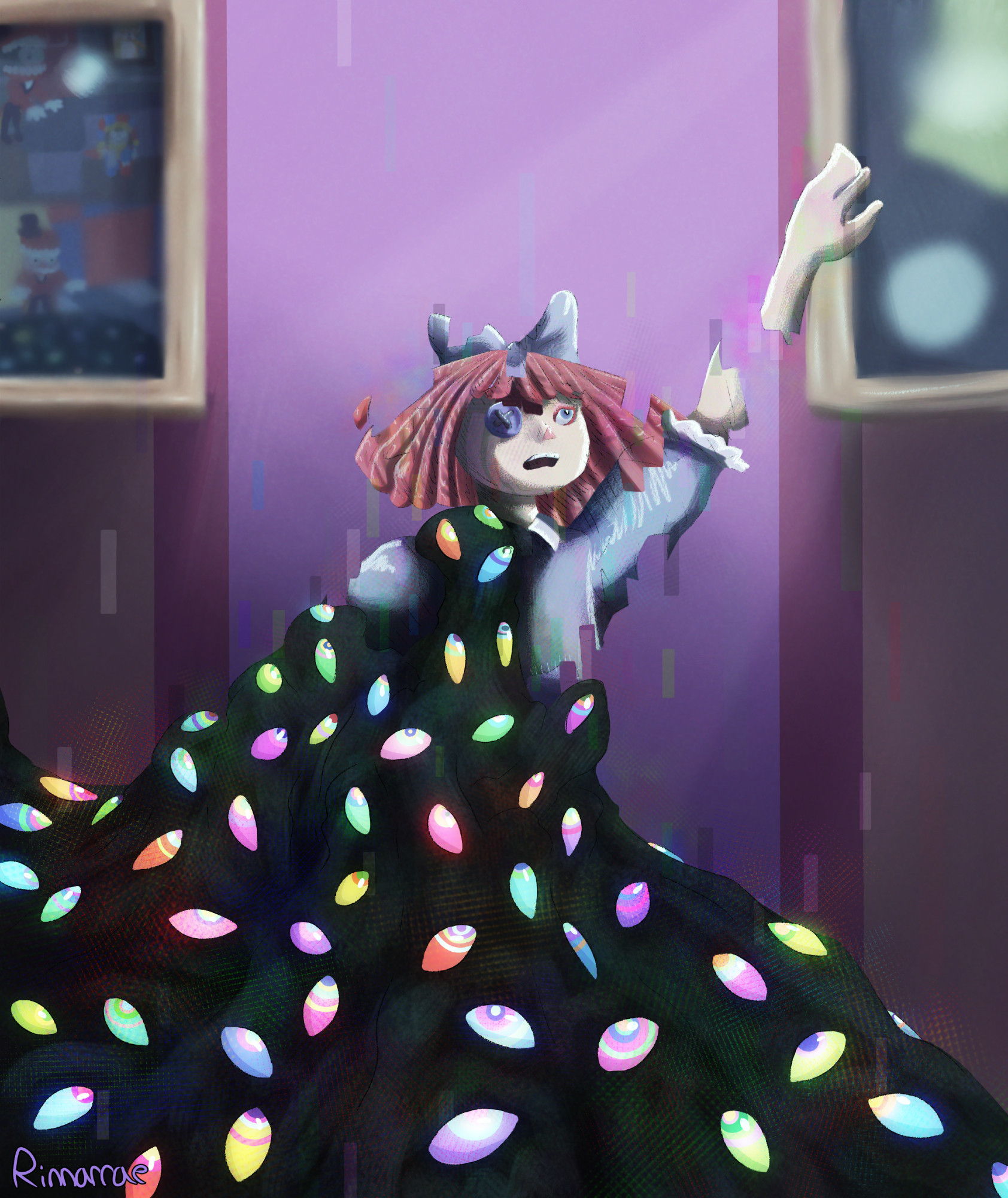 A digital drawing of a doll like character with red yarn hair, a triangle shaped nose, a blue eye and a blue button eye, wearing a blue bow and dress. She is struggling and reaching out of a dark mass with multicolor eyes, looking in her direction. Her body is fragmented, similar to what'd you'd see in a glitching computer image. The background is of a wall and two picture frames. There are glitchy affects.