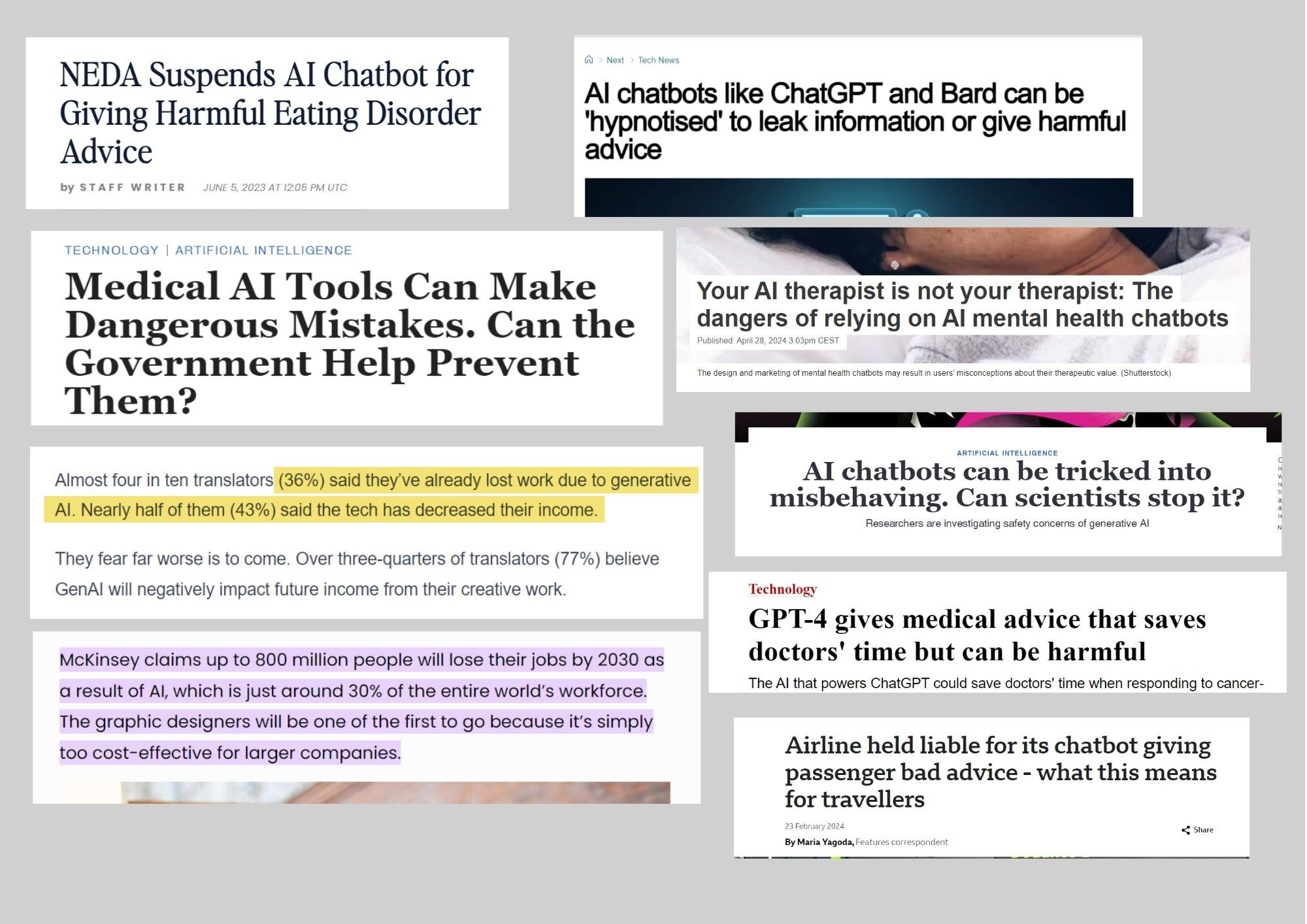 Numerous headlines mentioning the danger AI already is to human health and job security.