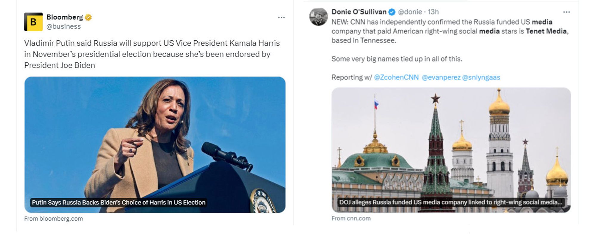 headlines: 
"Putin supports Kamala"
"Kremlin funds right-wing media influencers"