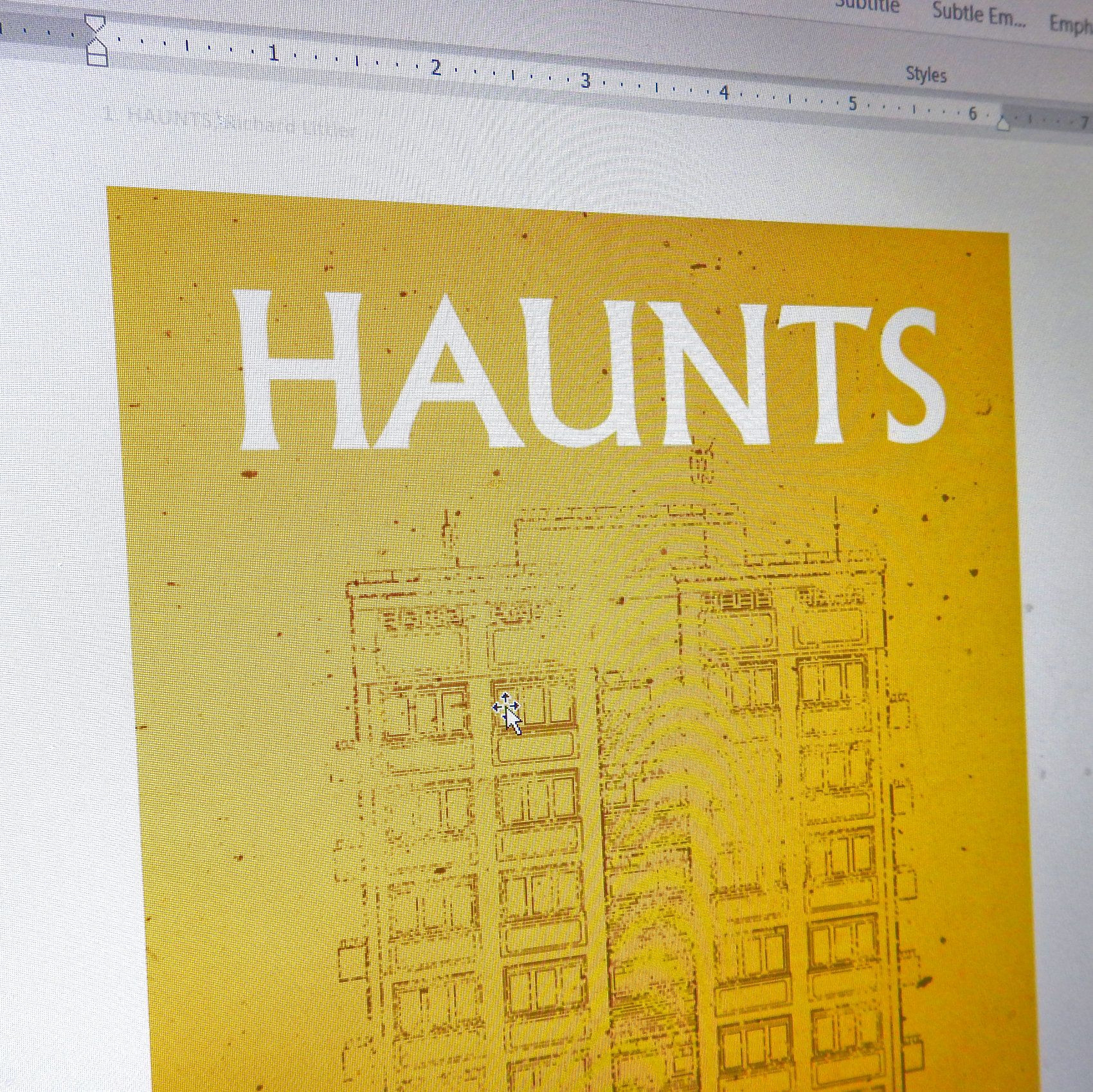 Screenshot from Word. Yellow book cover: HAUNTS