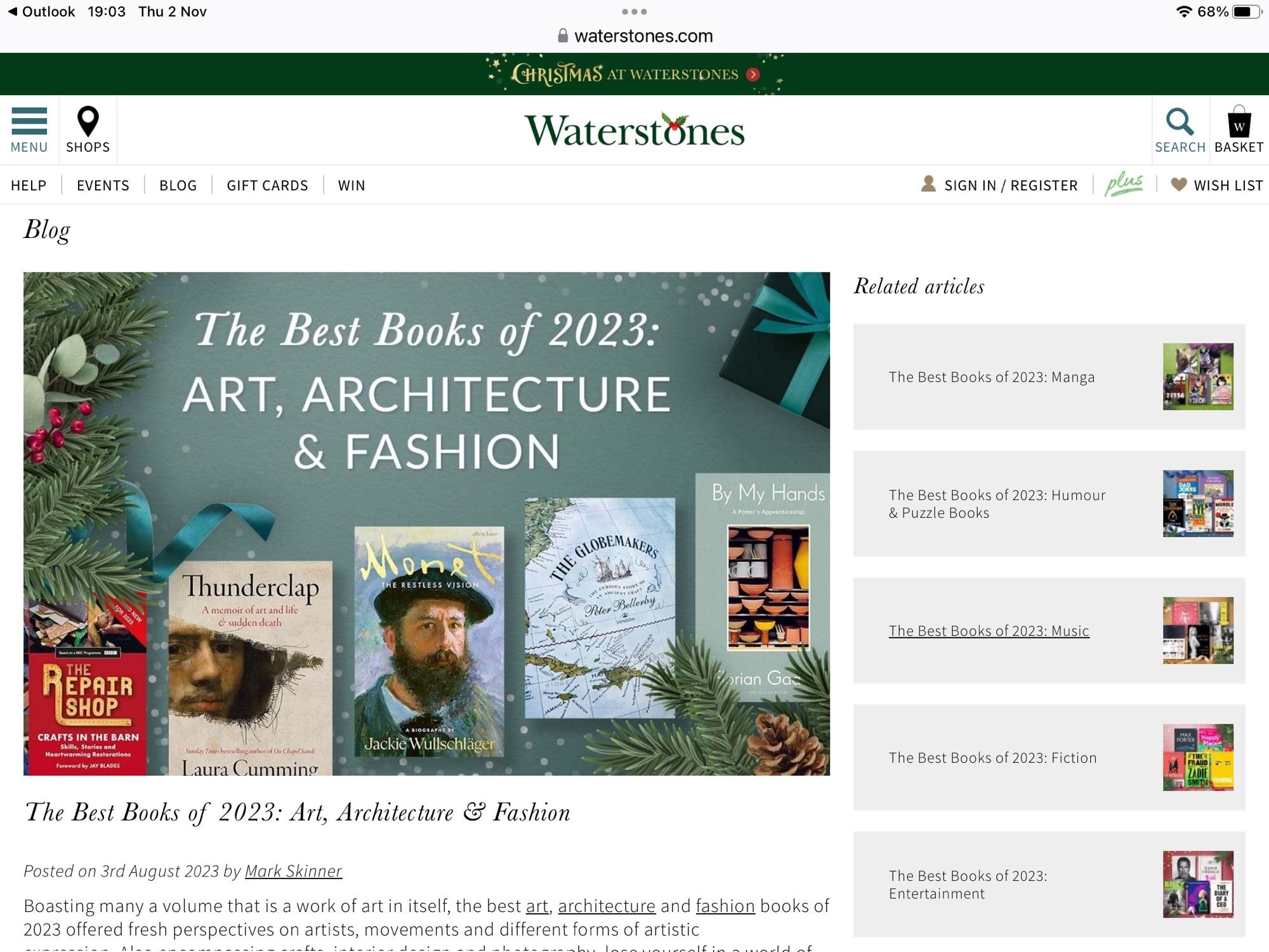 Image of Waterstones website best books of 2023 art, architecture and fashion.