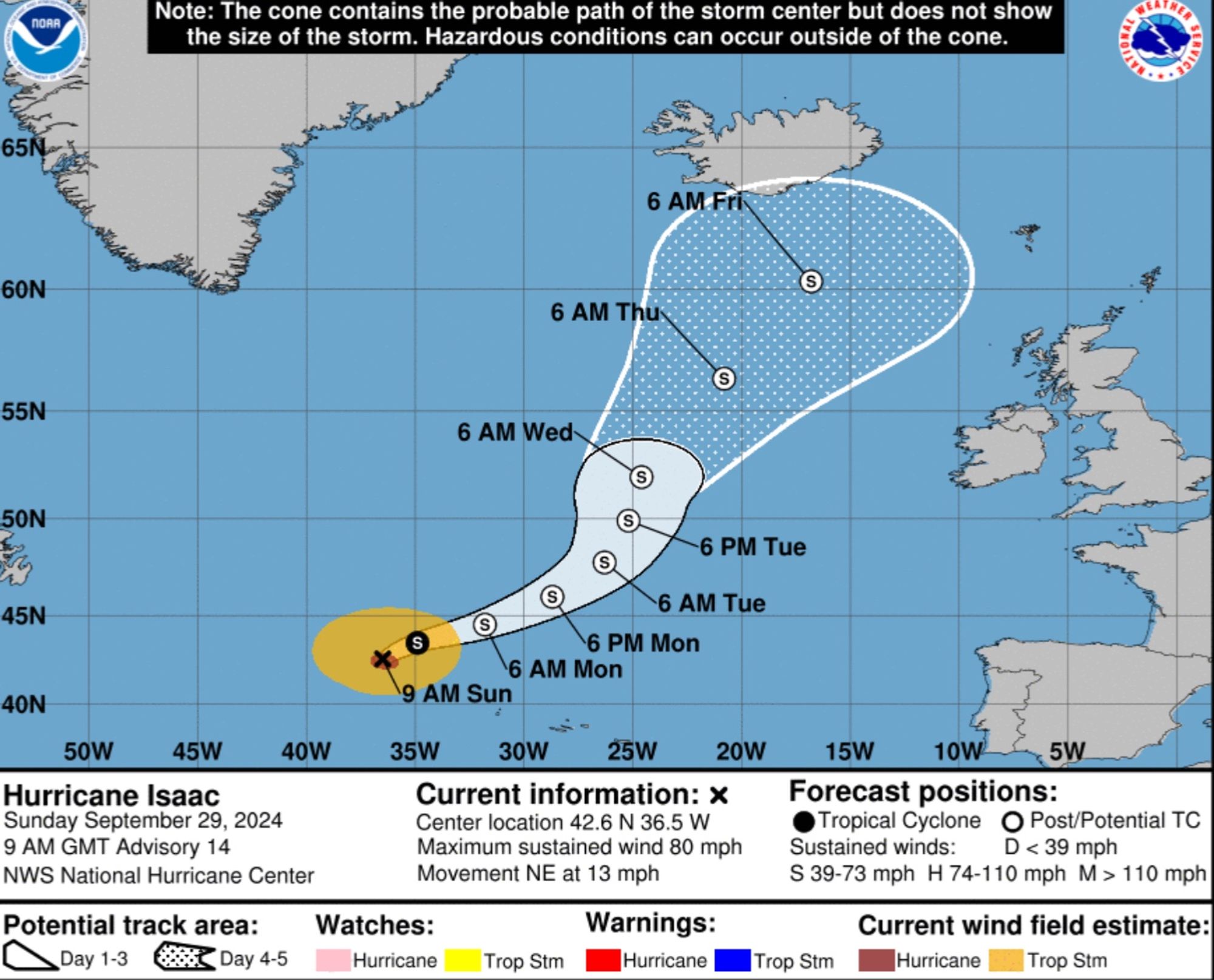 Former hurricane now tropical storm Isaac moving to Iceland from the North Atlantic. Image taken from the NOAA website.