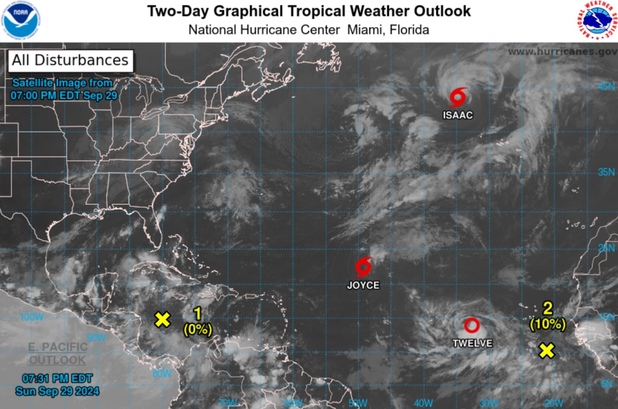 NOAA satellite image showing three major storms and two possible developments