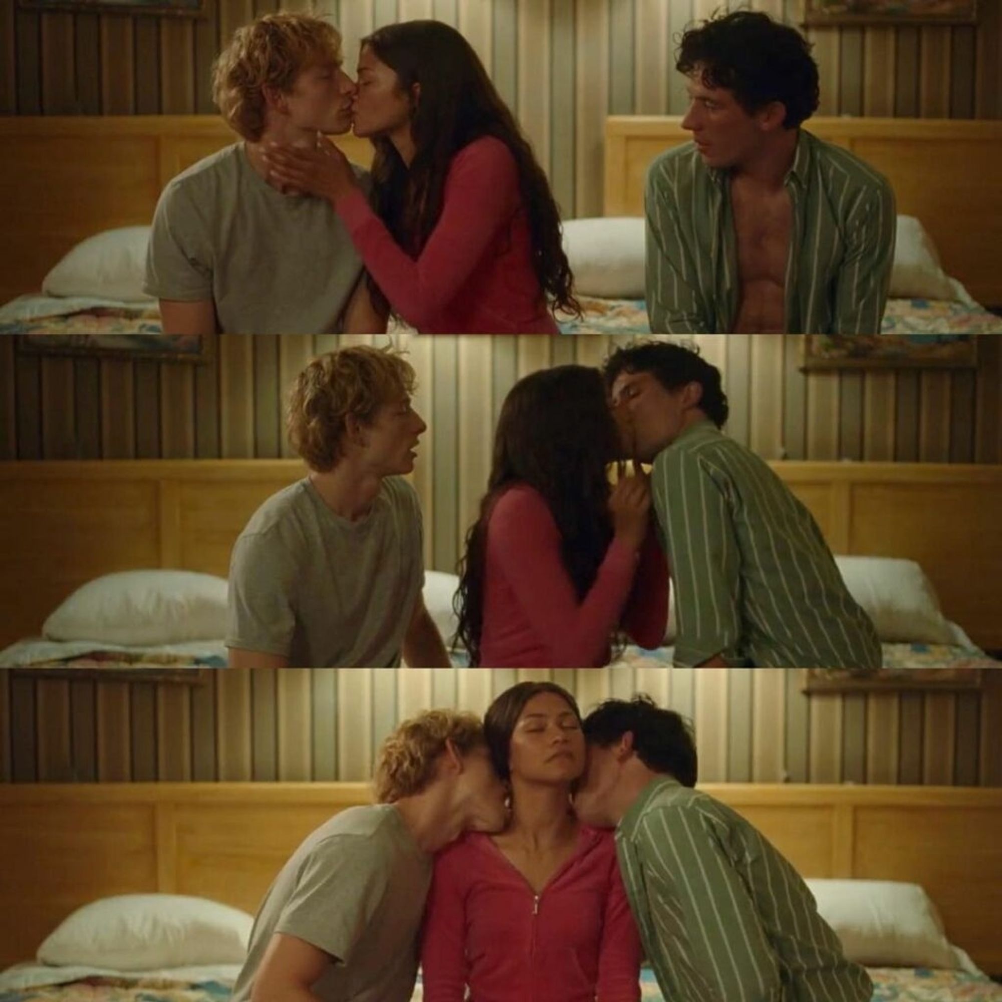 Zendaya in Challengers kissing and then being kissed on the neck by two men - the film is said to be about tennis, but all you know if you haven't watched it (or the trailer) is that it's about a woman in a throuple with two men.