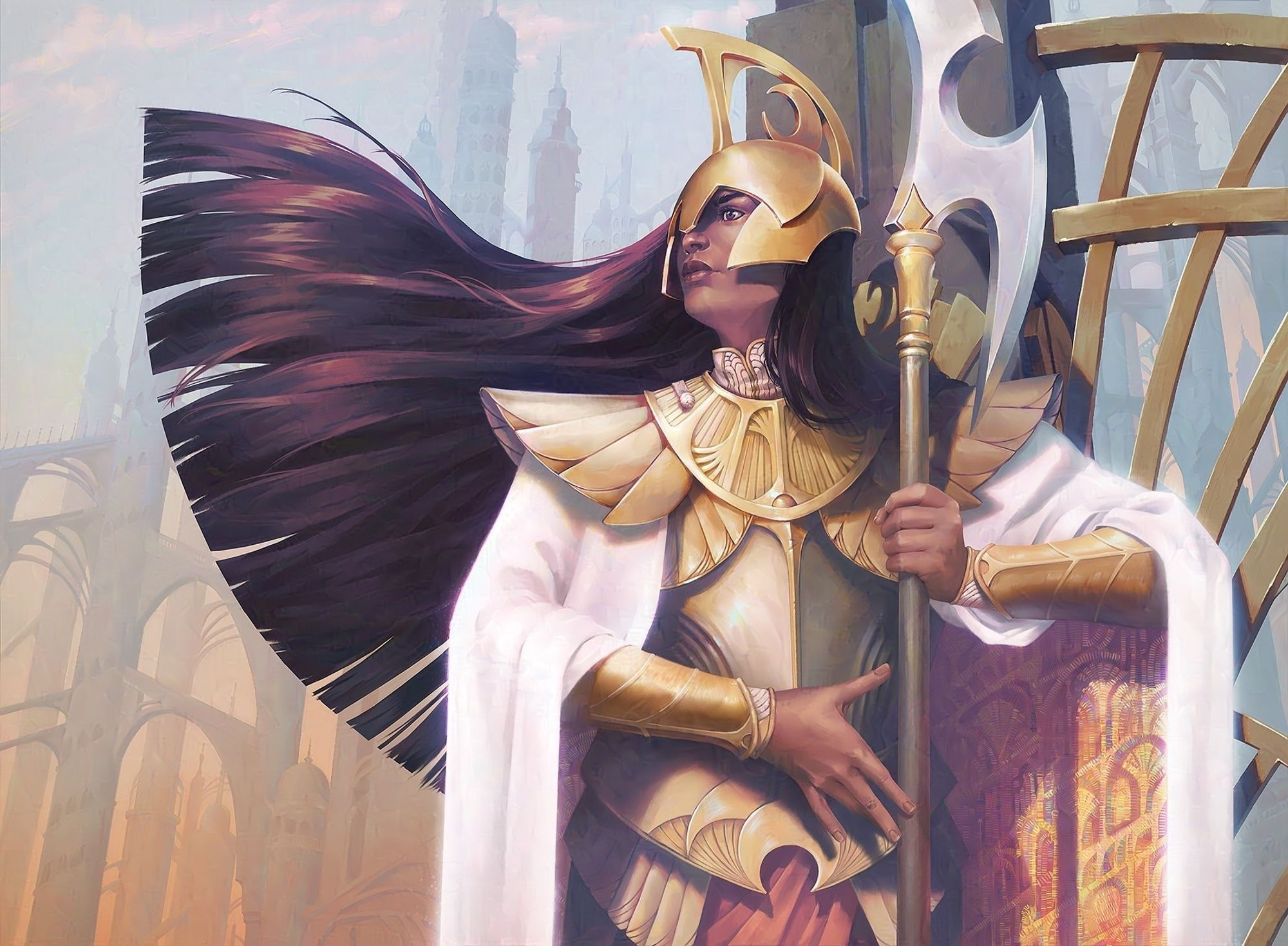 A proud paladin protecting her city, a white cloak draped over her shoulders with golden embroidery inside.