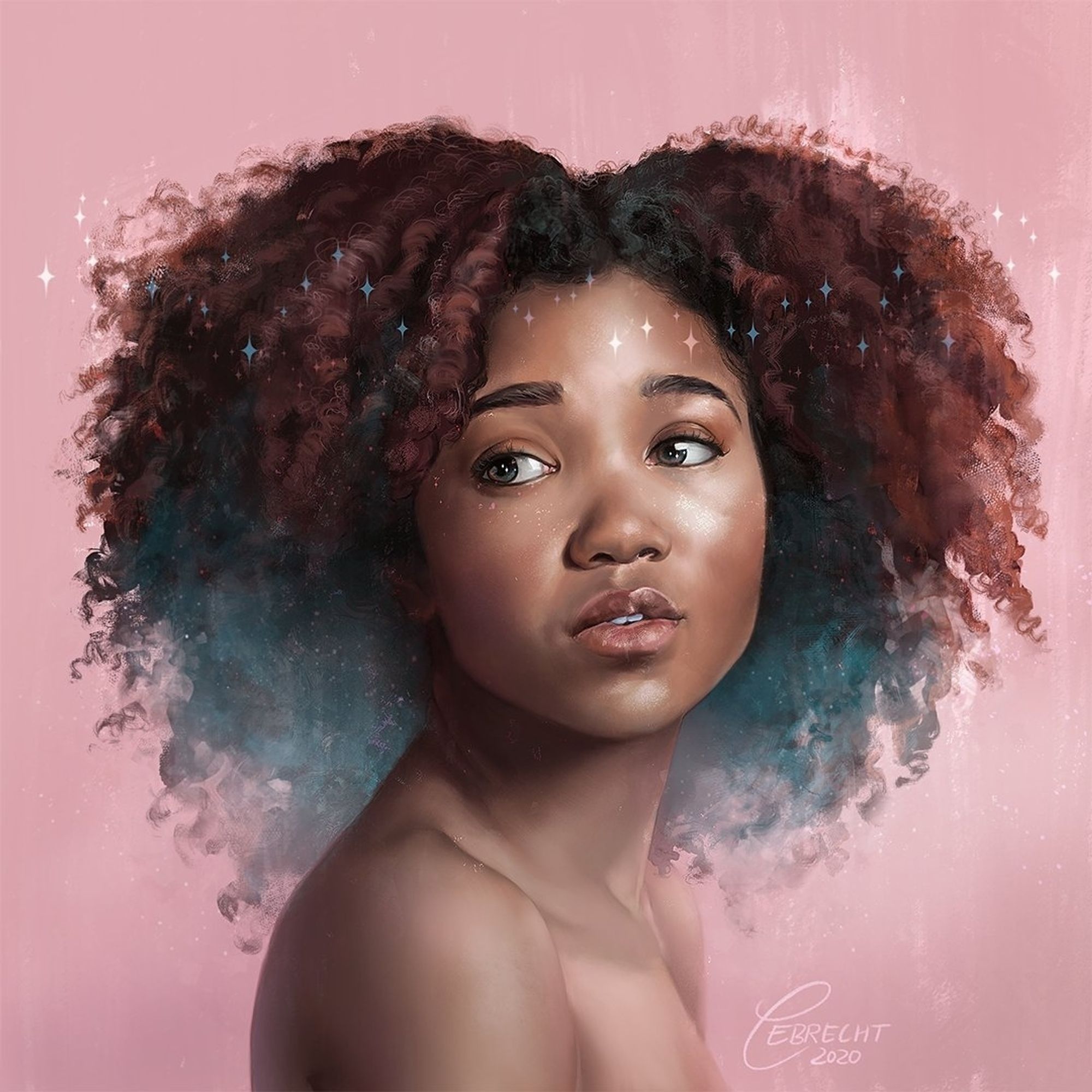 A photo study of a young black girl in front of a pink backgrounds. Tiny stars are surrounding her head.