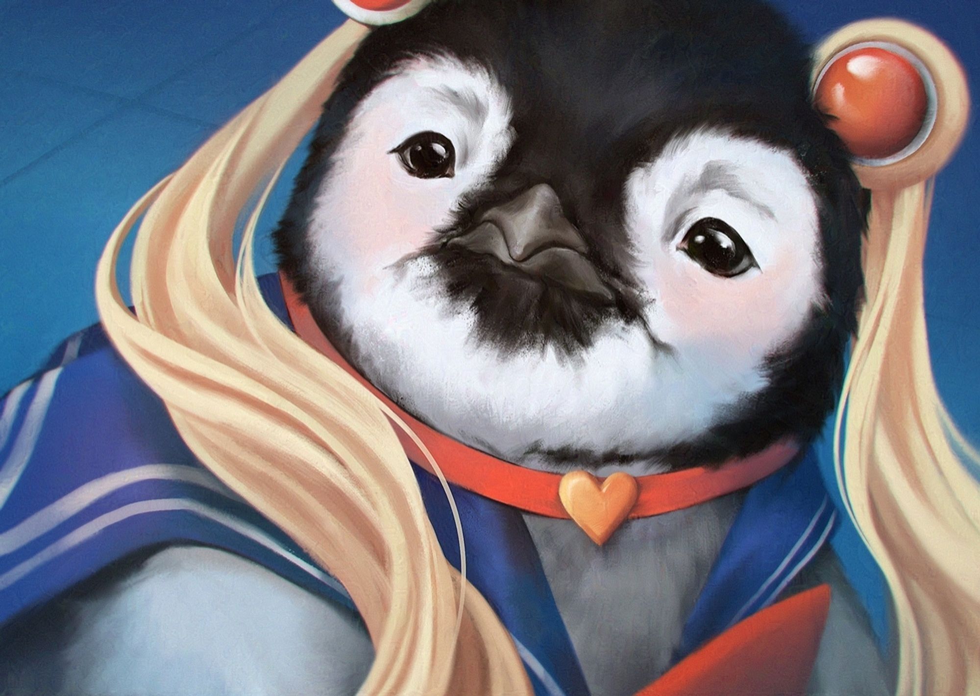 A baby penguin dressed as sailor moon. Also too much blush.