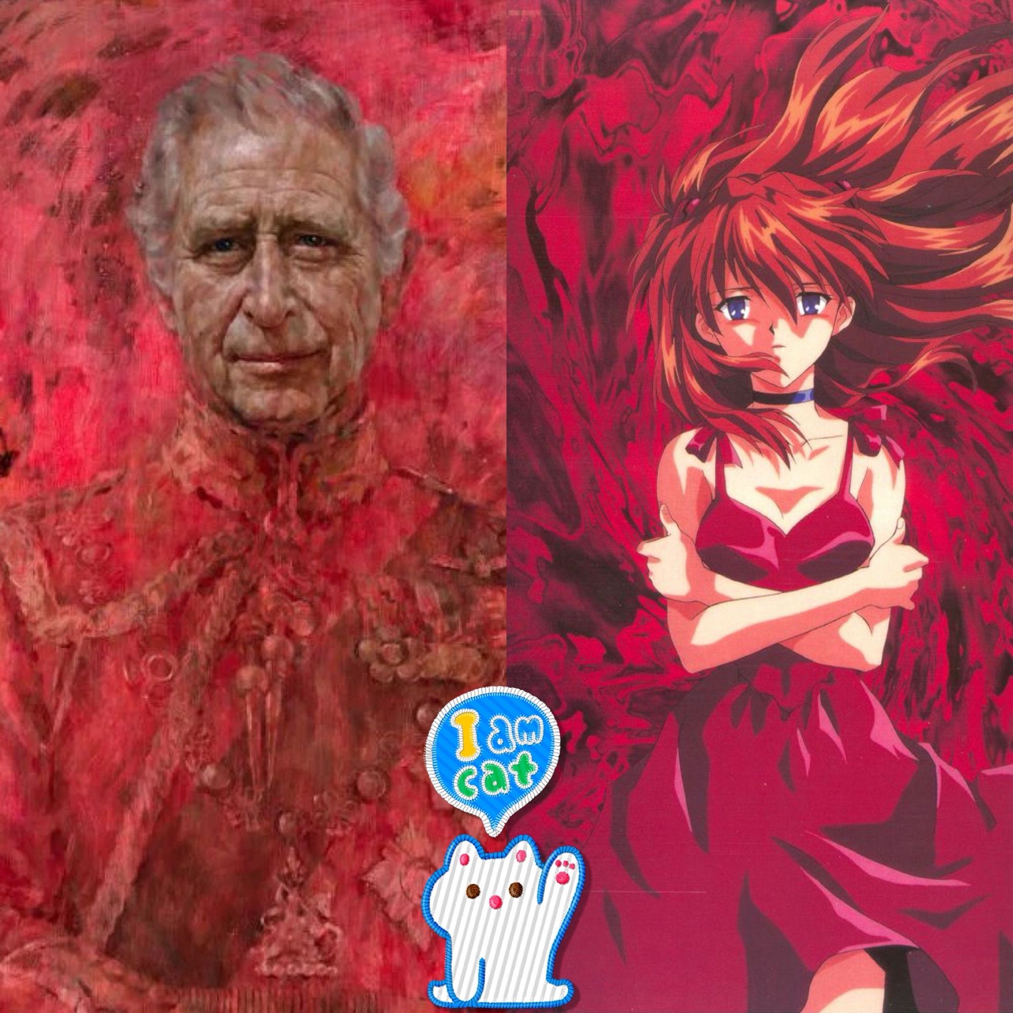 A side by side of the newly unveiled royal portrait of Charles III, and a drawing of Soryu Asuka Langley in a red dress.