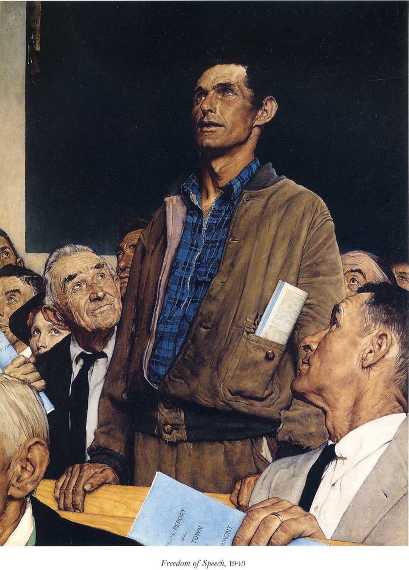 Norman Rockwell painting of a working class man standing in either a church or town hall speaking about something. I don’t know the history, but it’s famous. Dude looks like Lincoln without the beard.