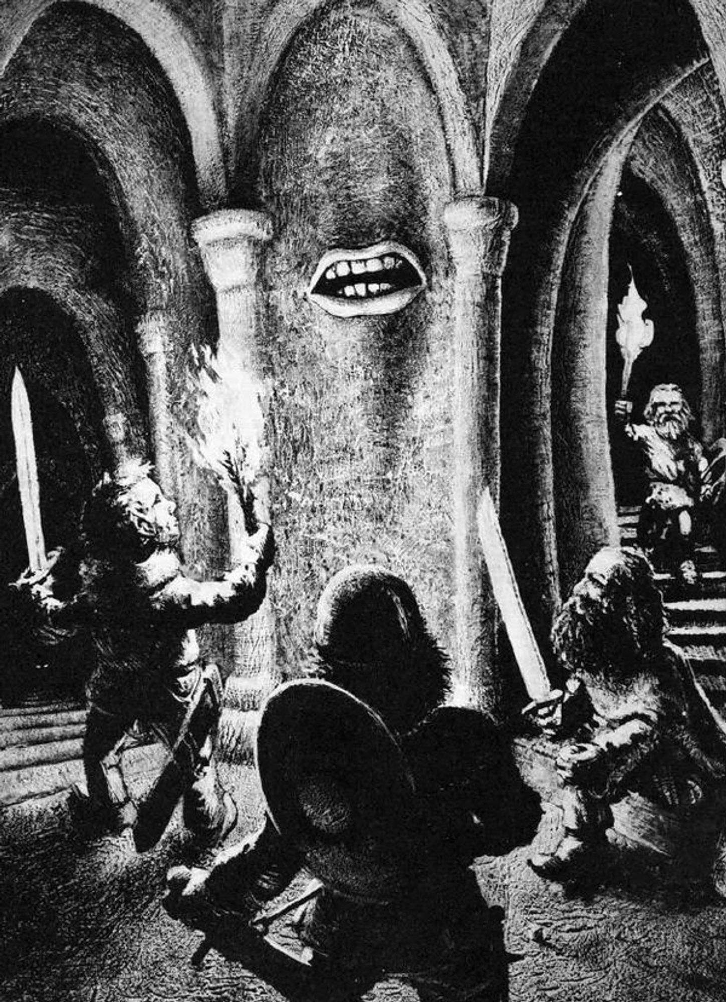 Magic mouth from the original a d and d players handbook. A party of demihumans is passing it in a stairwell.