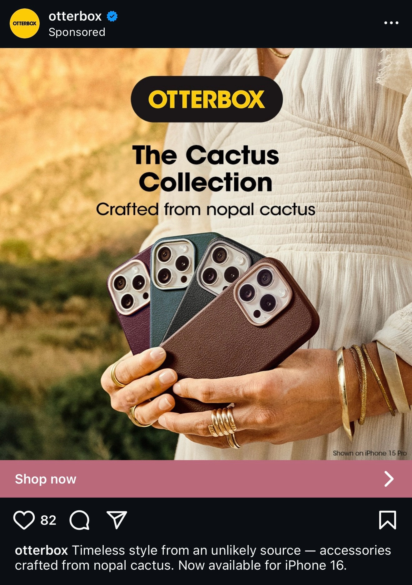 This Instagram ad for Otterbox’s “Cactus Collection” depicts someone wearing a white gauze-y top and holding a bouquet of encased iPhones like they are walking down the aisle to get married. Not depicted? Their CAMERA CONTROL™ notches.