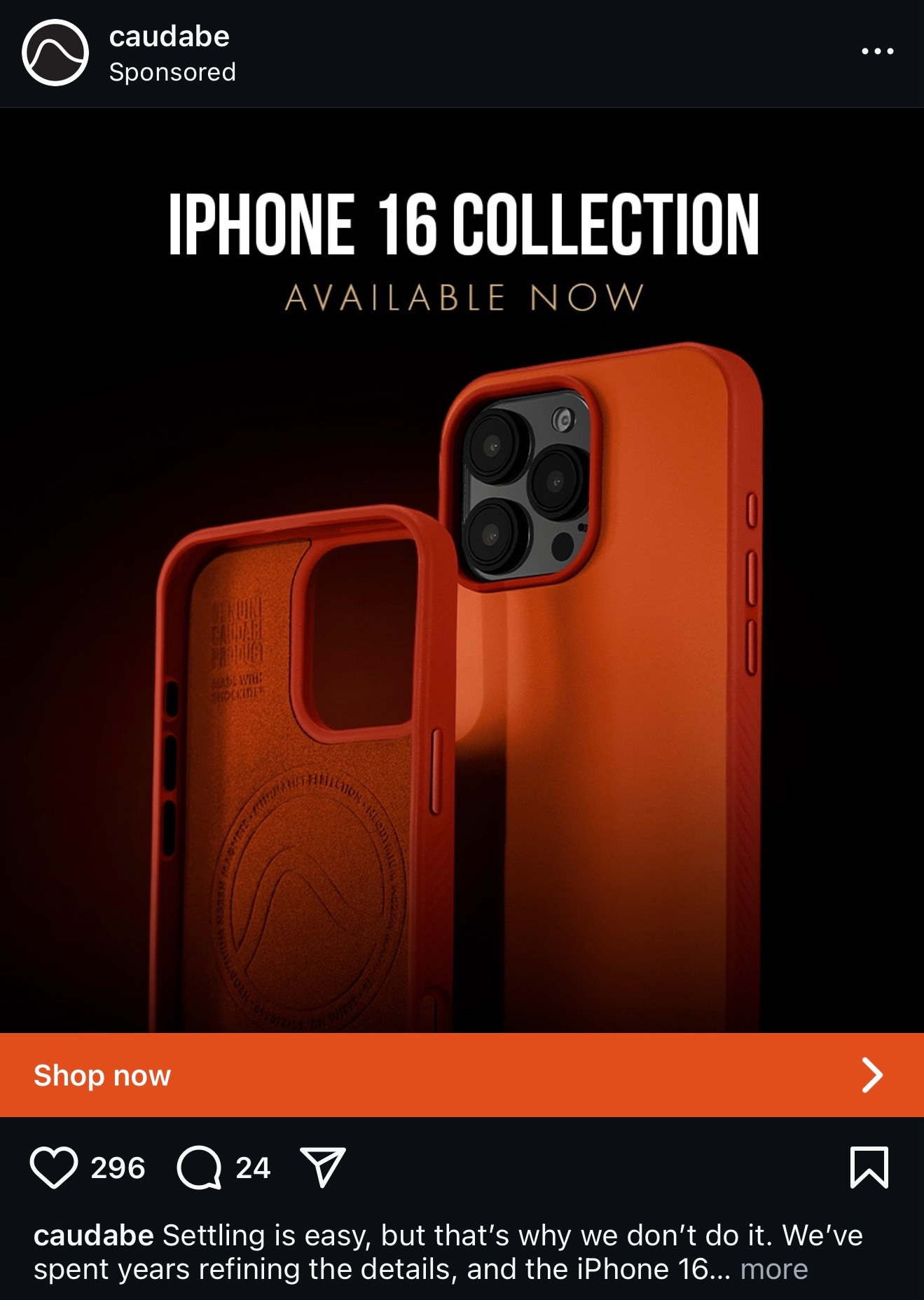 An Instagram ad for a Caudabe iPhone 16 case. It is very red. You can barely see its hole punch cutout, obscured by a Tasteful Graphic Design Gradient and how the cutout shows the inside of the case, which is also red.