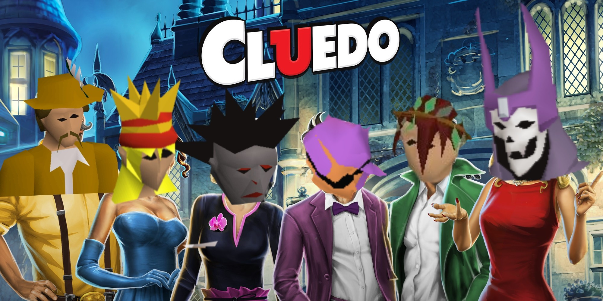 An edited Cluedo gameboard front-of-box with the traditional character heads replaced with that of Trader Stan, Fairy Queen, Black Knight Titan, Arcane OSRS, Ingus Wraith & Azzanadra