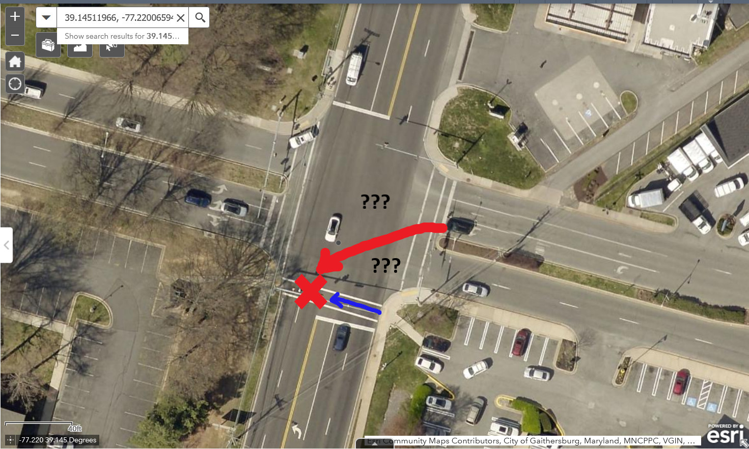 Satellite image of a four-way intersection with three marked crosswalks, and traffic signals. The north leg is unmarked. There is a red X in the south marked crosswalk, indicating the possible location of the crash. There is a red arrow from the left turn lane going west, towards the red x, indicating the possible location of the driver. There is a blue arrow pointing west in the  marked crosswalk towards the red x, indicating the possible path of the pedestrian. There is ??? twice, indicating uncertainty.