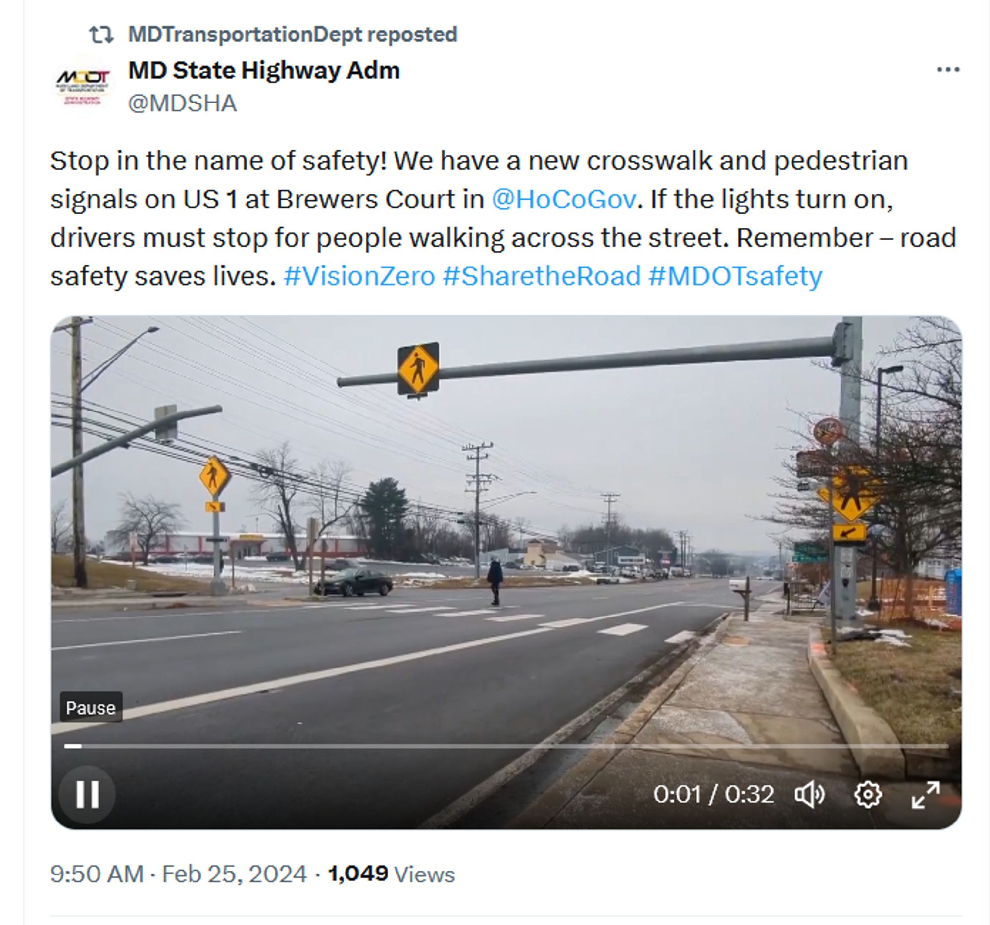 Tweet by MDSHA, retweeted by MDOT. 
Stop in the name of safety! We have a new crosswalk and pedestrian signals on US 1 at Brewers Court in @HoCoGov
. If the lights turn on, drivers must stop for people walking across the street. ​Remember – road safety saves lives. #VisionZero #SharetheRoad #MDOTsafety
Video of a person crossing an 80 foot wide divided road, in a marked crosswalk, with flashing lights on the side of the road, and an overhead arm with a pedestrian crossing sign.