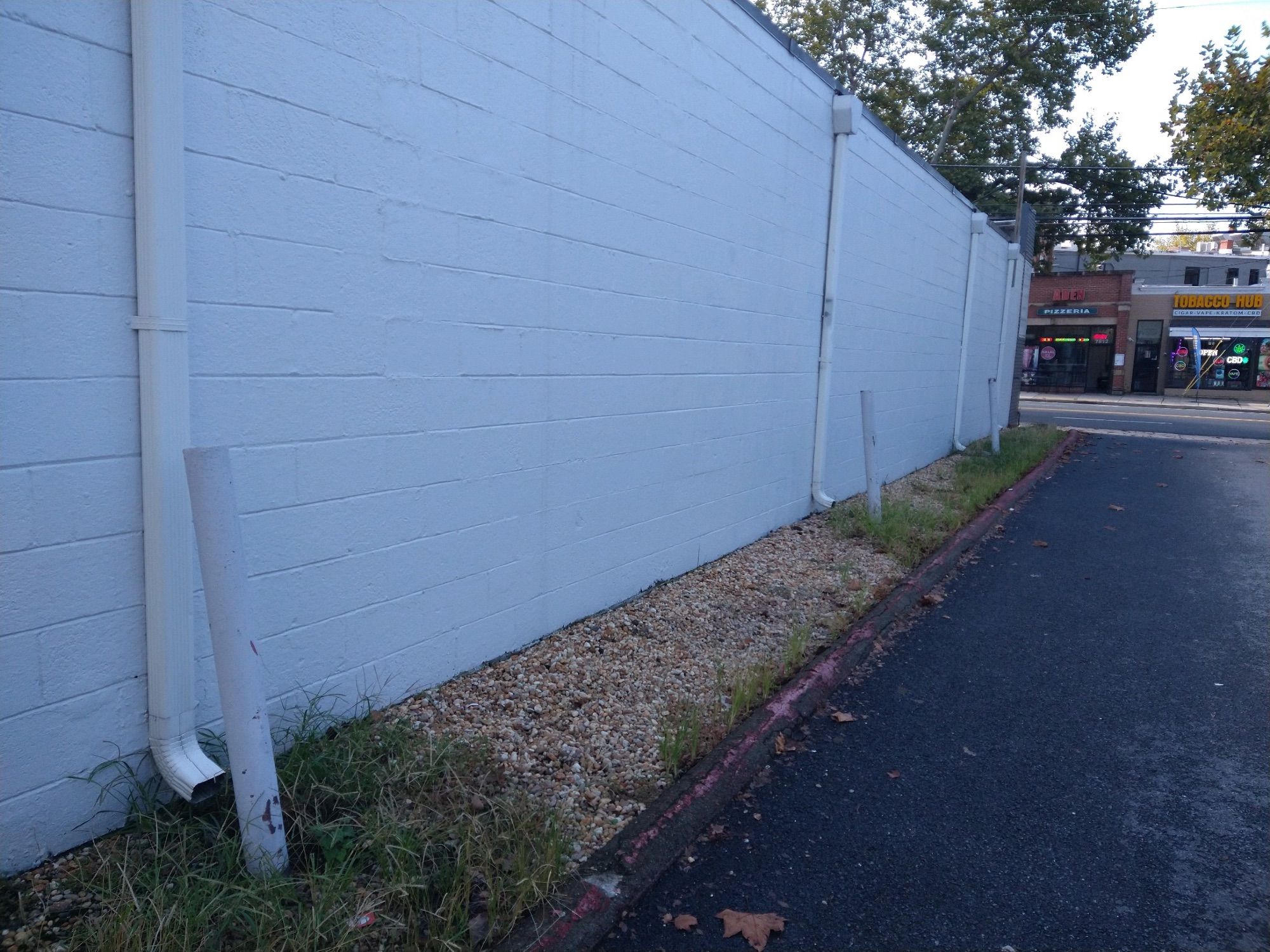 The side of a one story building, next to an alley. There are three or four downspouts, each protected by a steel bollard. There is also a spatial separation consisting of a curb and a few feet of gravel, which the bollards are in.