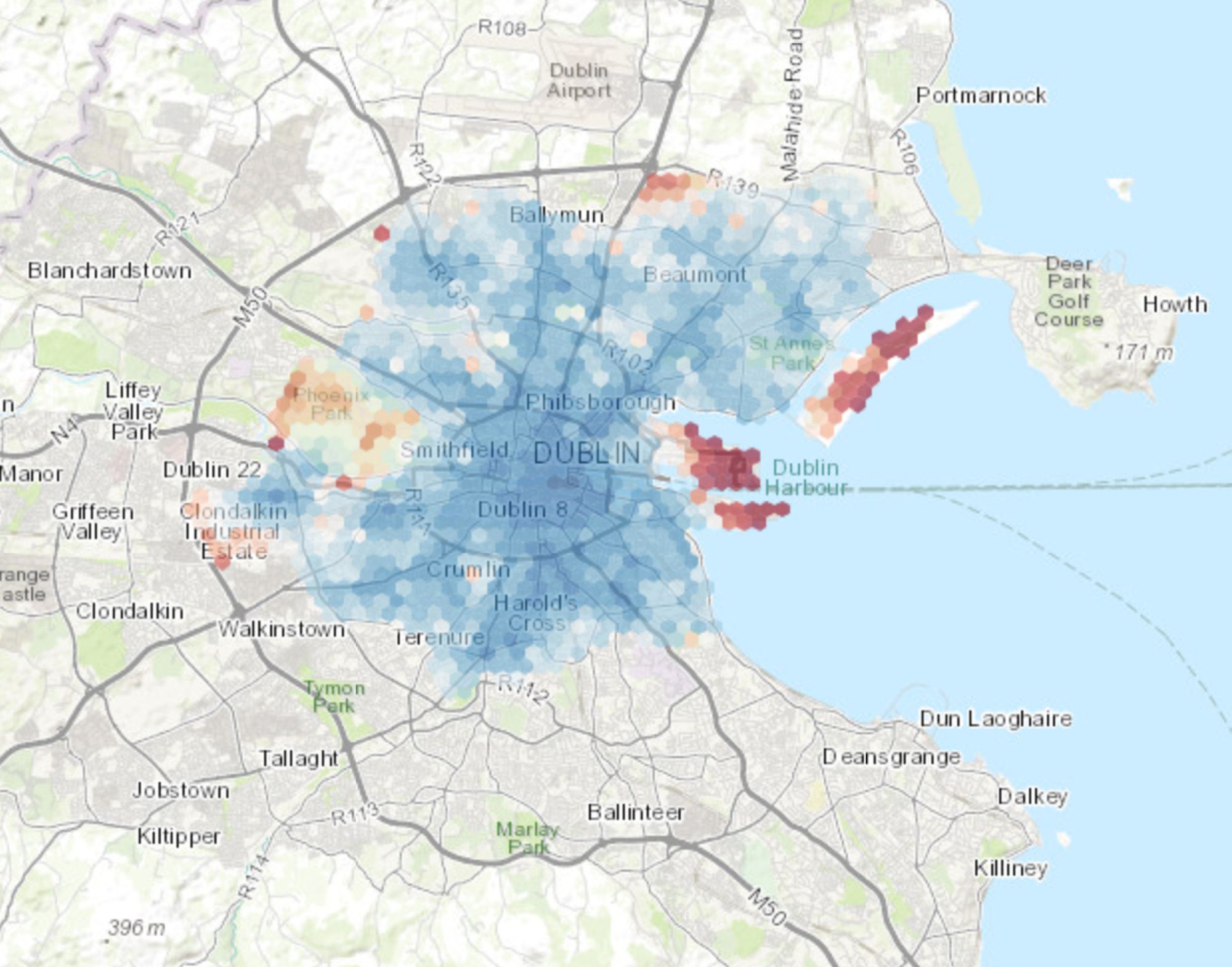 Map of Dublin in the 15min-city platform, showing most areas of the city clouded in positive blue, with some peripheral areas coloured in red.