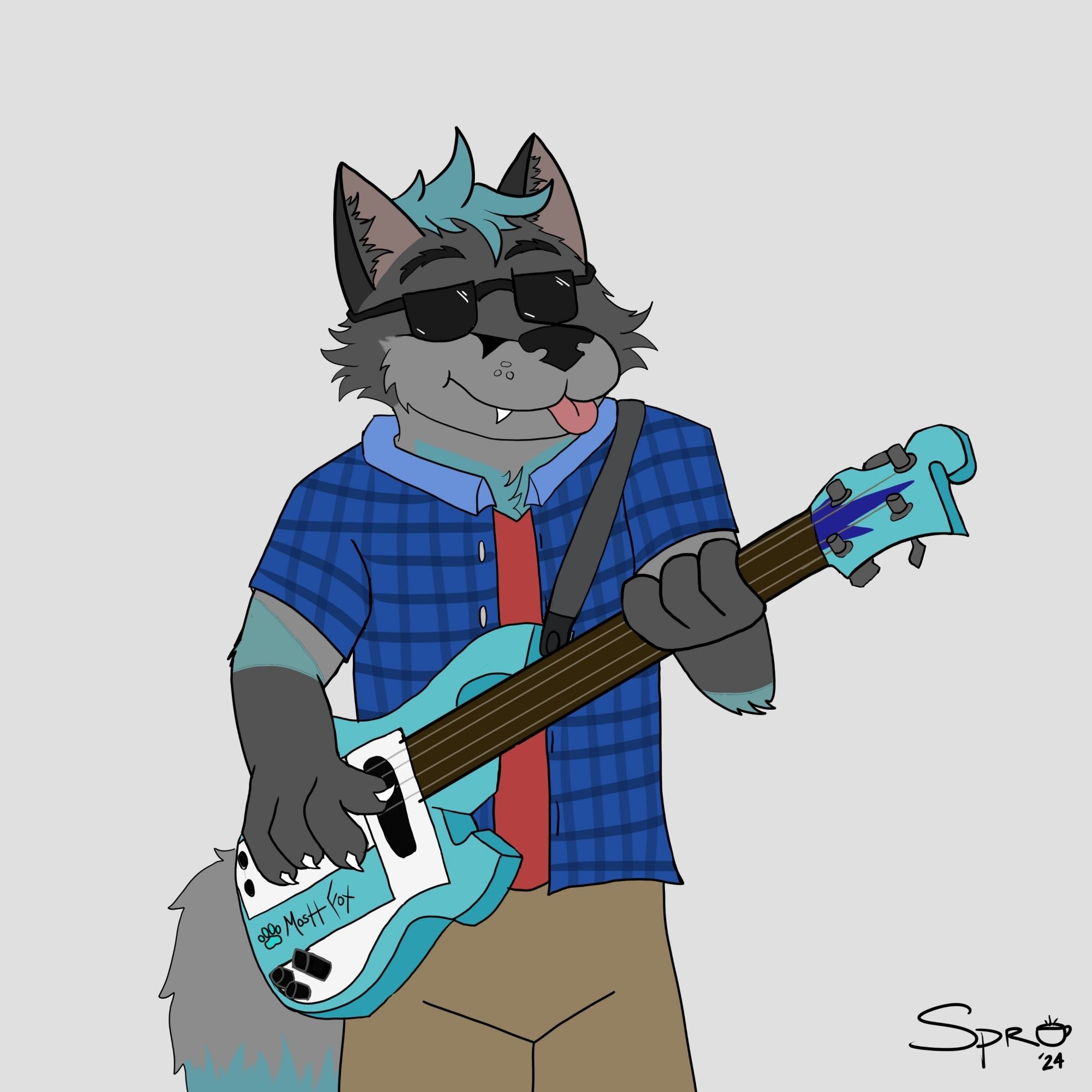 Anthro fox in blue plaid shirt and sunglasses plating the guitar