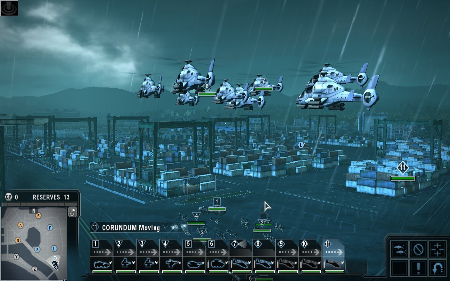 A screenshot from Tom Clancy's EndWar where the player is ordering a fleet of helicopters to move forward to attack an enemy position in front of them. 