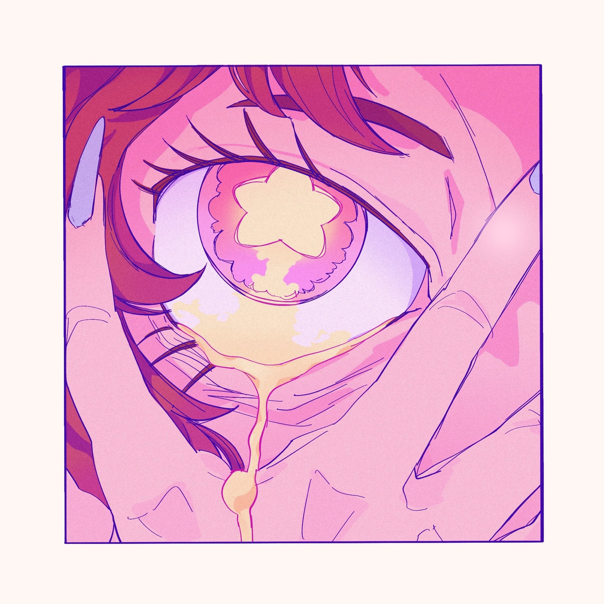 extreme closeup shot of my OC’s eye. their hands are covering their face with their eye peeking through. their iris is shaped like a star, glowing but also bleeding itself out through the eyeball, and trickling down their face.