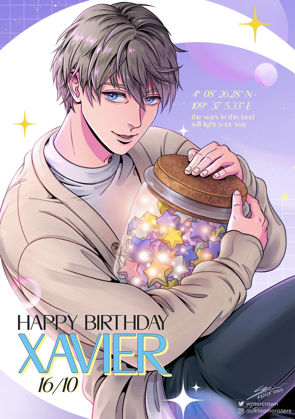 A picture of Xavier from Love and Deepspace, holding a jar of stars closely. He is seated on a graphical white crescent moon against a lilac space-themed gradient background. The words Happy Birthday Xavier 16/10 are on the bottom left of the picture.