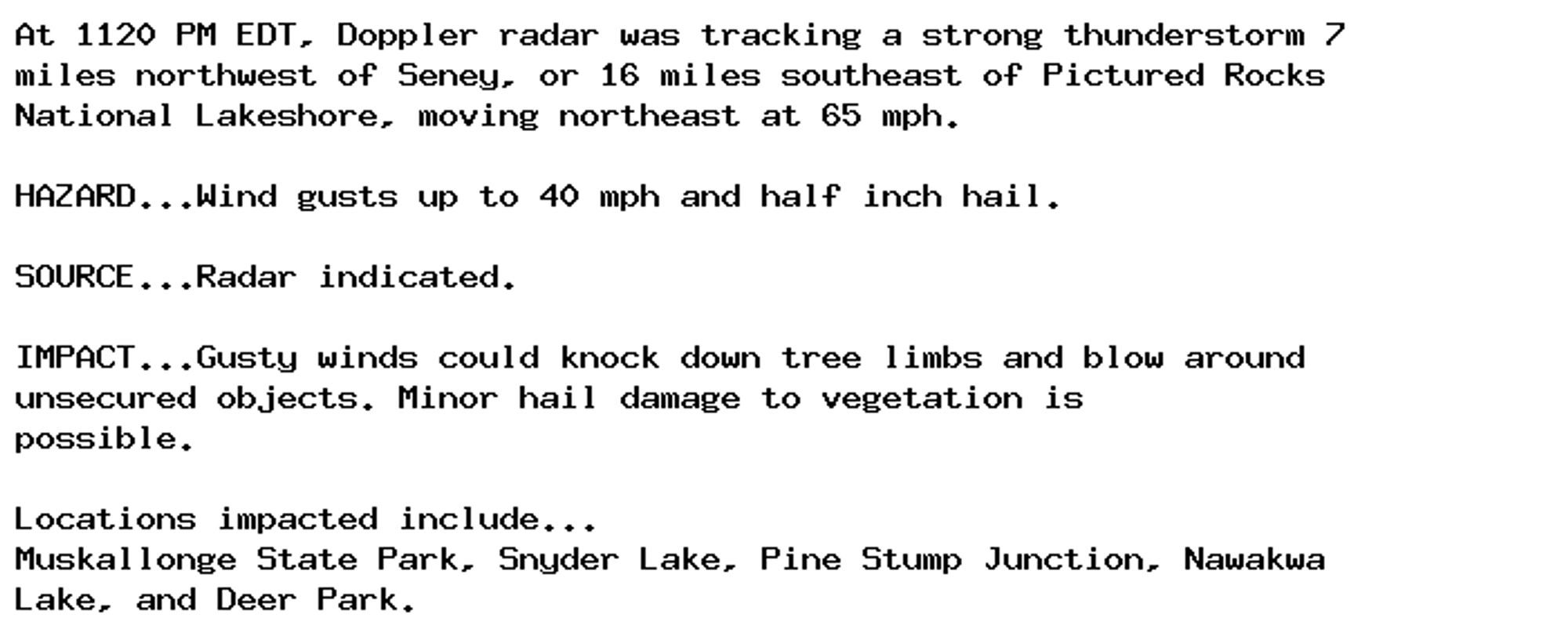 At 1120 PM EDT, Doppler radar was tracking a strong thunderstorm 7
miles northwest of Seney, or 16 miles southeast of Pictured Rocks
National Lakeshore, moving northeast at 65 mph.

HAZARD...Wind gusts up to 40 mph and half inch hail.

SOURCE...Radar indicated.

IMPACT...Gusty winds could knock down tree limbs and blow around
unsecured objects. Minor hail damage to vegetation is
possible.

Locations impacted include...
Muskallonge State Park, Snyder Lake, Pine Stump Junction, Nawakwa
Lake, and Deer Park.