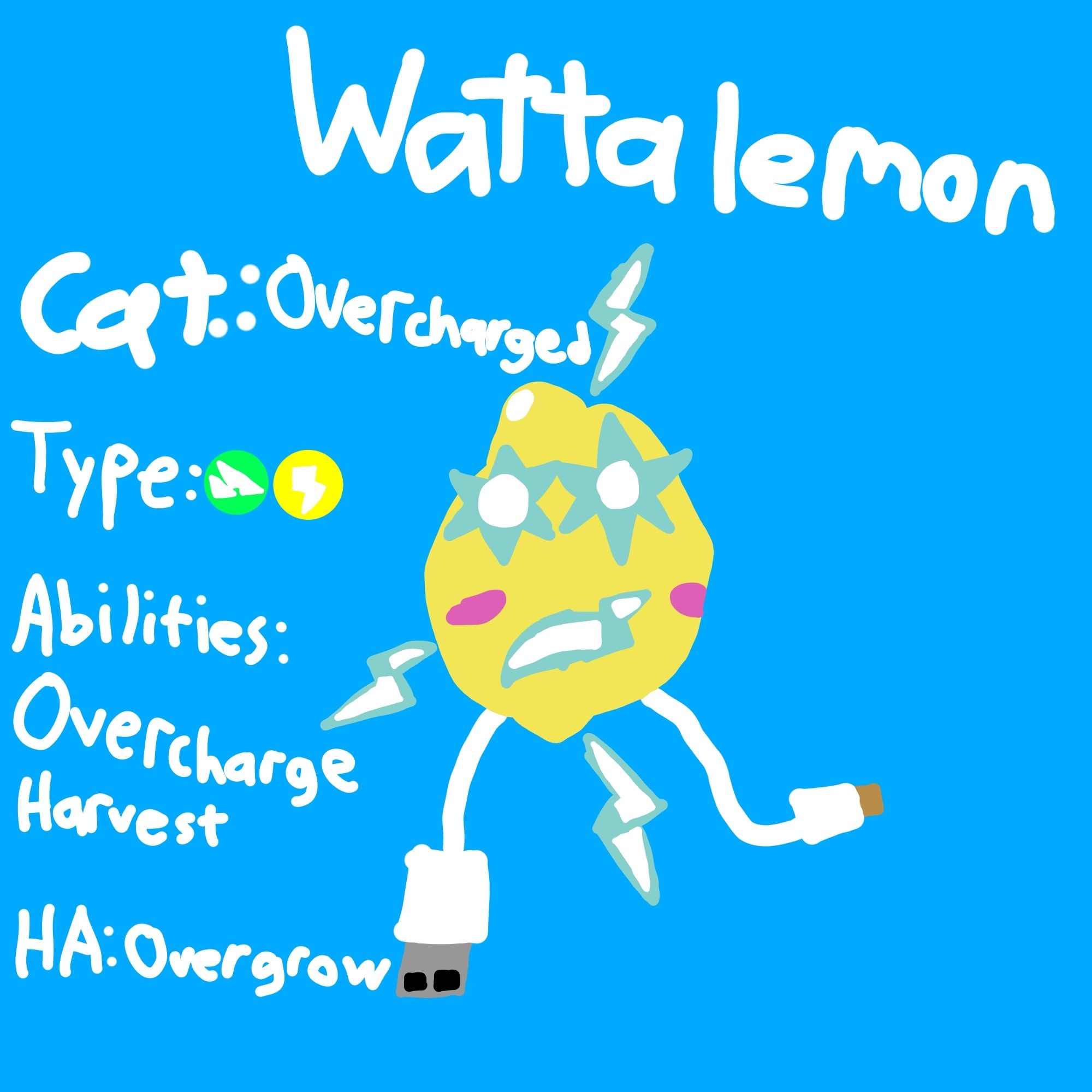 Wattalemon

Category: Overcharged

Type: Grass/Electric

Abilities: Overcharge, Harvest

Hidden Ability: Overgrow

Dex entry: "Born from a child's science experiment. Its plug-like appendages act as both arms and legs. This Pokémon sometimes gets into territorial disputes with Voltorb."