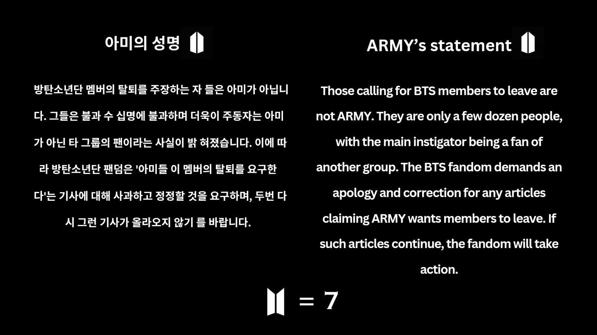 Statement of support for Yoongi to stay with the members as a  BTS group