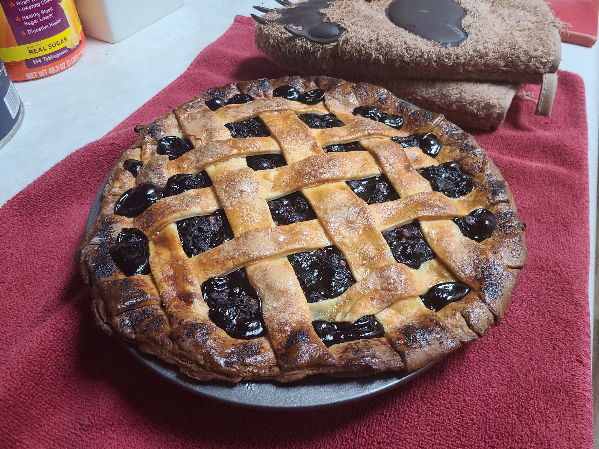 A hot blueberry pie with a golden-brown lattice top and a darker brown crust around the rim, sitting in the pie tin next to bear paw oven mitts.