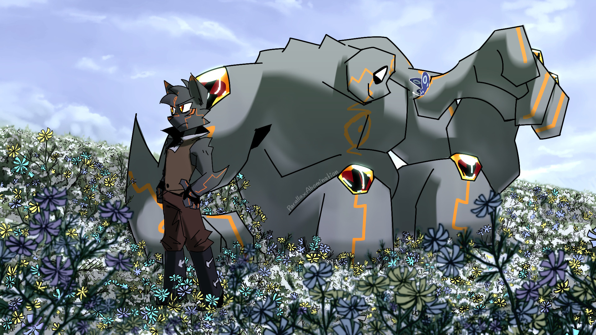 Varas and Ekon in a field of flowers.