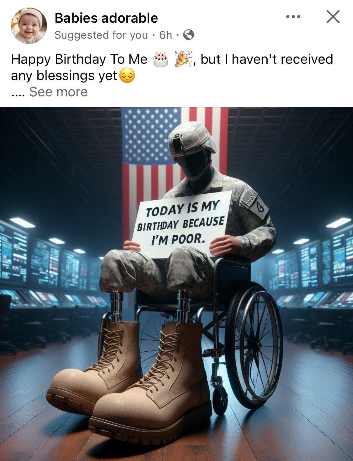 An AI image of a soldier in a computer room in a wheelchair with metal legs and MASSIVE timbs with a sign that says "today is my birthday because I'm poor"