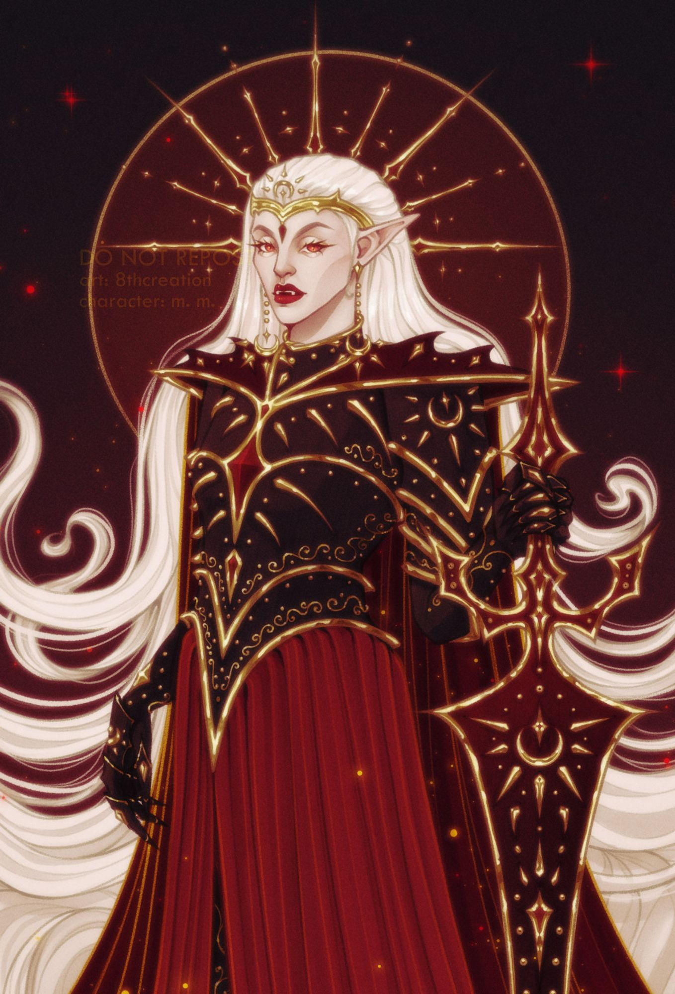 Artwork portraying a vampire lady with pale skin, very long white hair, red eyes, red lips, and sharp fangs. She is wearing black armor with golden embellishments, a halo-shaped golden diadem, and a red skirt. She is holding a large dark red sword with golden embellishments (matching the armor). The background is dark, full of red particles.