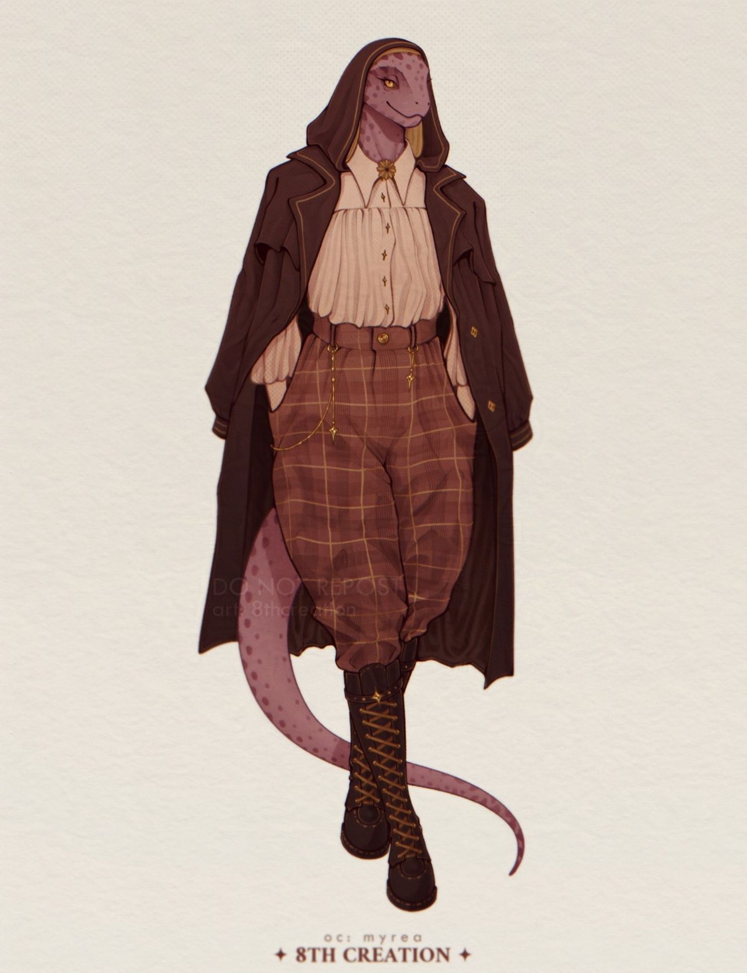 Artwork portraying an anthropomorphic lizard with a little smile on her face. She has brown skin with dark spots, orange eyes, and a long tail. She is wearing a brown trench coat with a hood, a beige shirt with a yellow flower brooch, checked light brown pants, and brown knee-length laced boots.